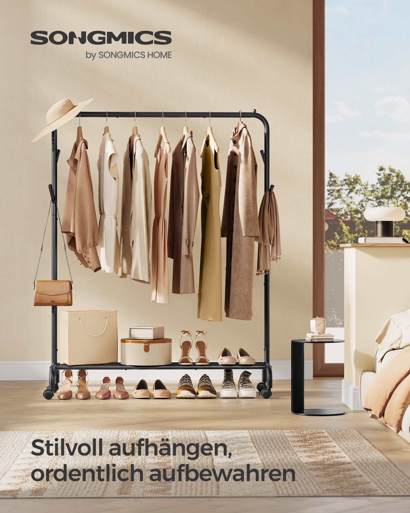 Kleiderständer auf Rollen, Garderobenständer, Kleiderständer mit Ablage, 4 Haken,  Schwarz, SONGMICS, 2