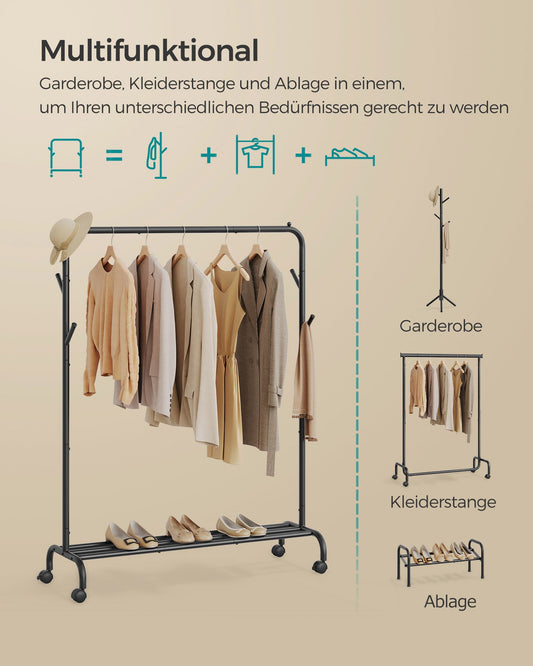 Kleiderständer auf Rollen, Garderobenständer, Kleiderständer mit Ablage, 4 Haken,  Schwarz, SONGMICS, 3