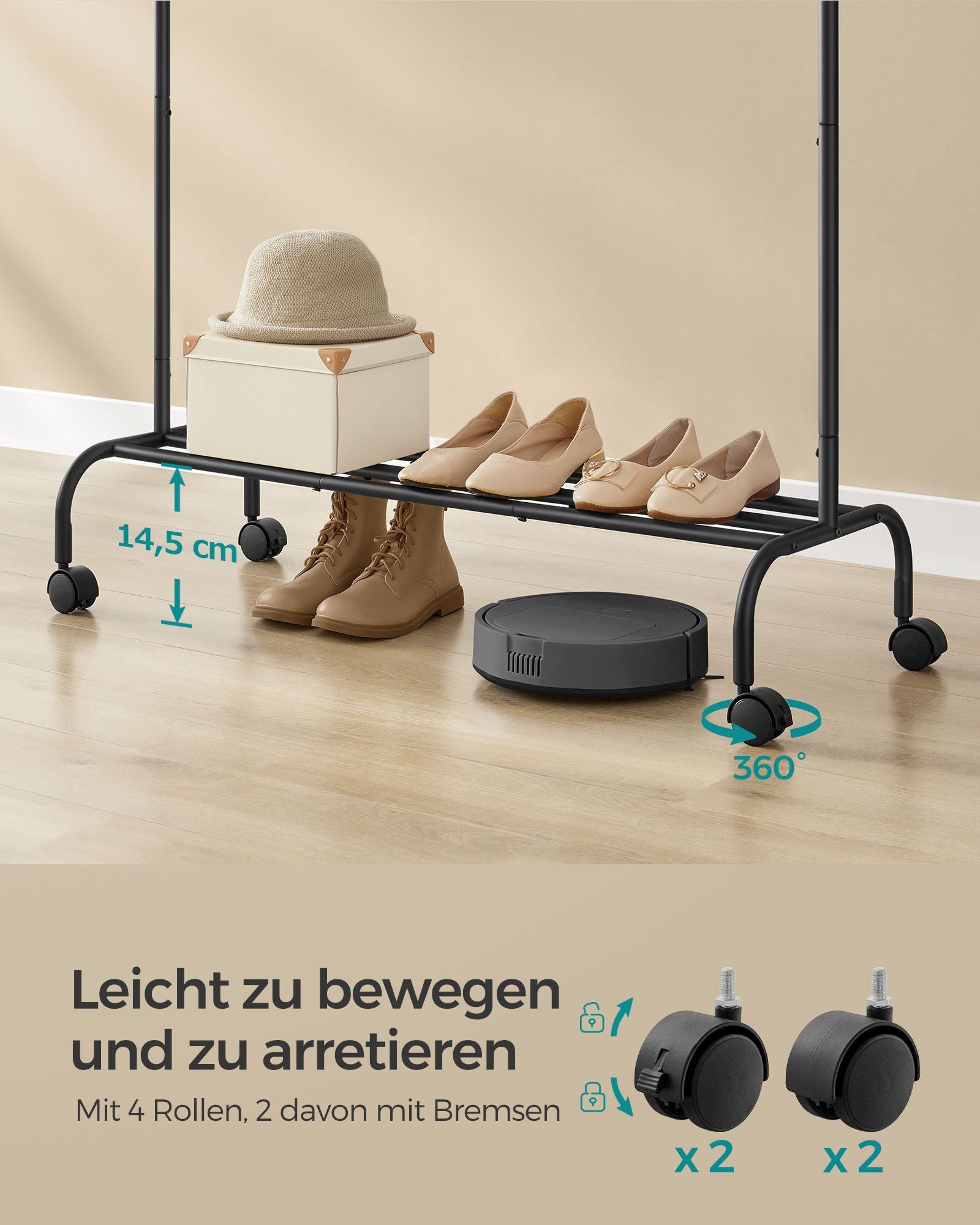 Kleiderständer auf Rollen, Garderobenständer, Kleiderständer mit Ablage, 4 Haken,  Schwarz, SONGMICS, 4