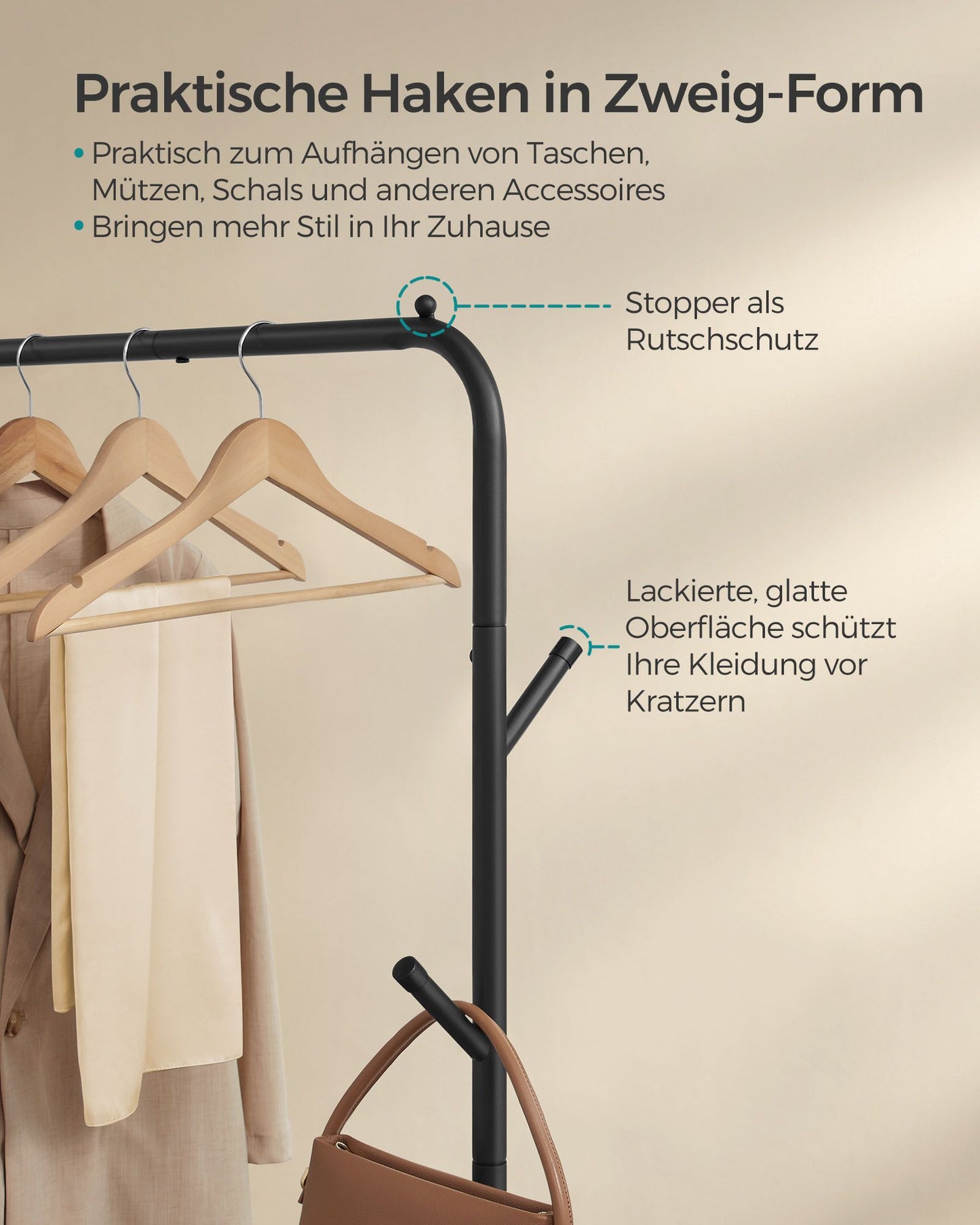 Kleiderständer auf Rollen, Garderobenständer, Kleiderständer mit Ablage, 4 Haken,  Schwarz, SONGMICS, 5