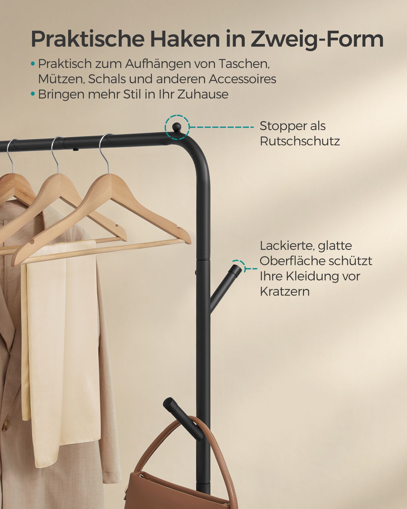 Kleiderständer auf Rollen, Garderobenständer, Kleiderständer mit Ablage, 4 Haken,  Schwarz, SONGMICS, 5