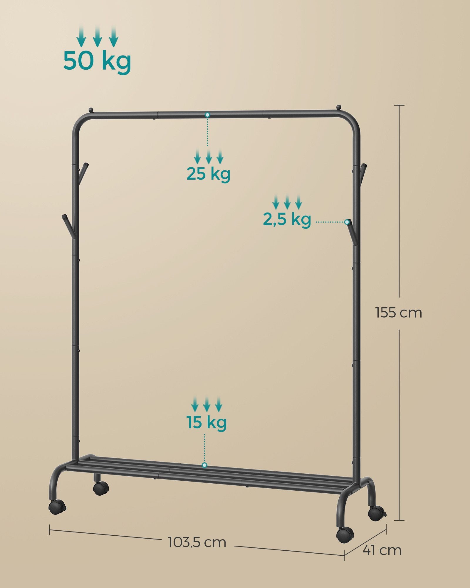Kleiderständer auf Rollen, Garderobenständer, Kleiderständer mit Ablage, 4 Haken,  Schwarz, SONGMICS, 6
