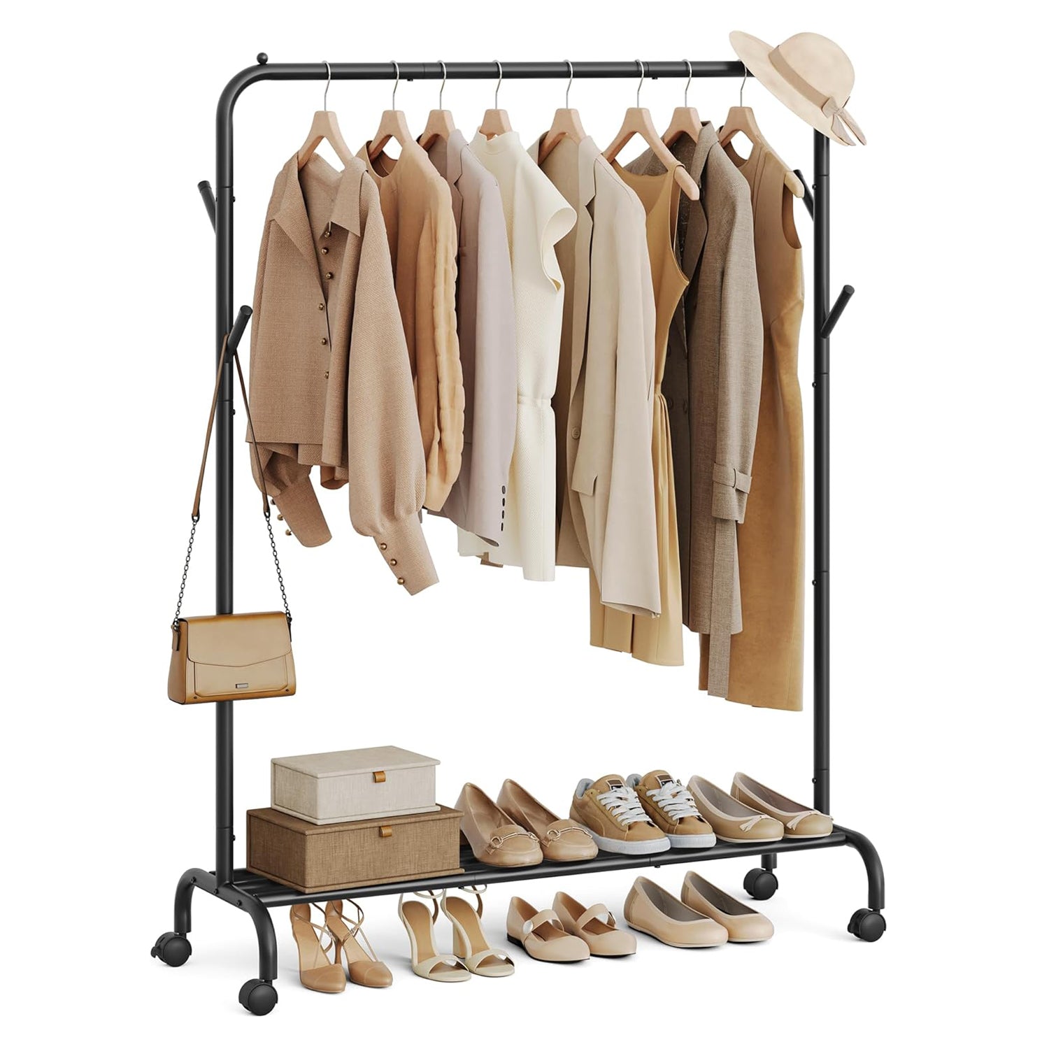 Kleiderständer auf Rollen, Garderobenständer, Kleiderständer mit Ablage, 4 Haken,  Schwarz, SONGMICS, 7