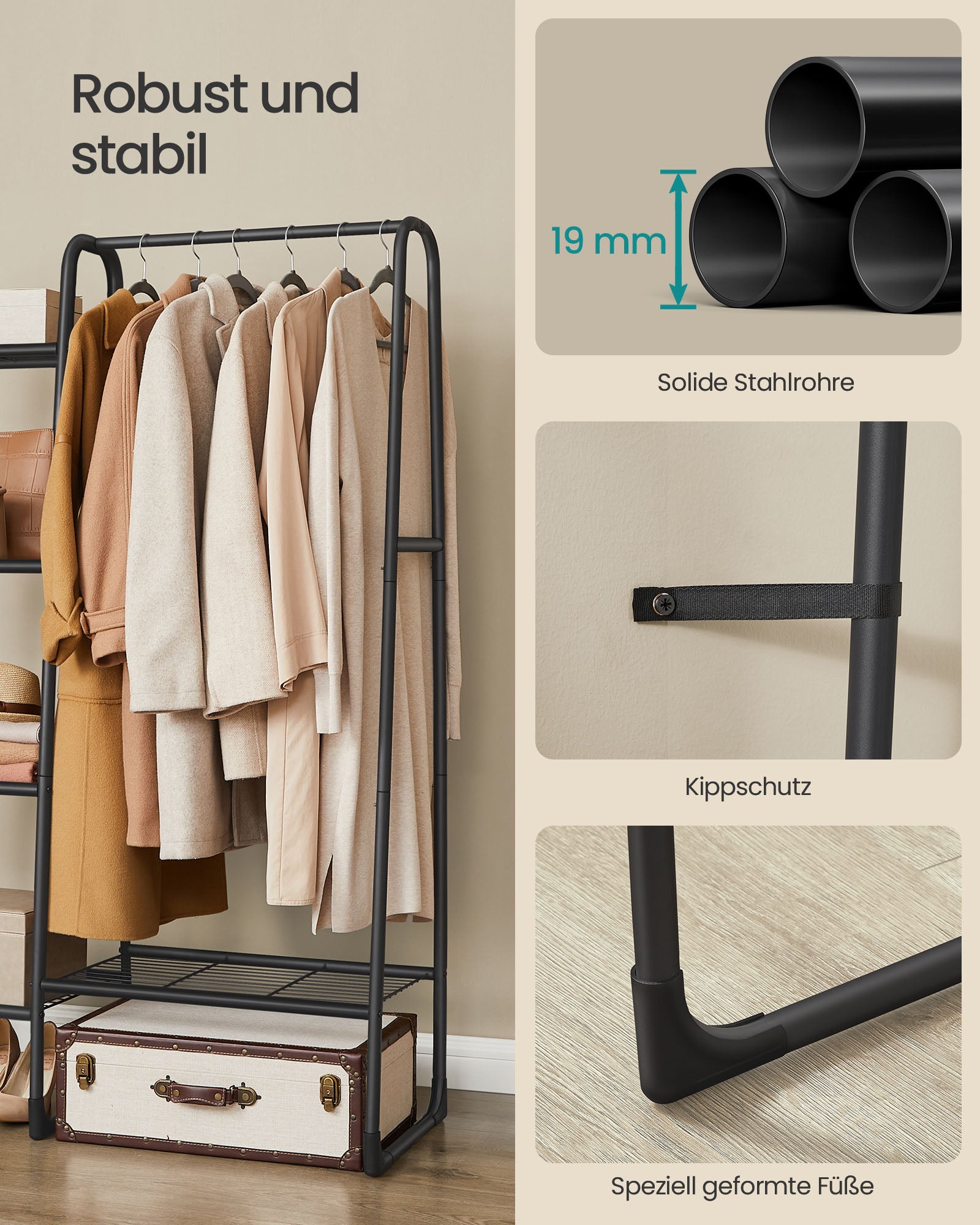 Kleiderständer, Garderobenständer, mit 5 Ablagen, Offener Schrank, kleiderständer stabil, Schwarz, SONGMICS, 4