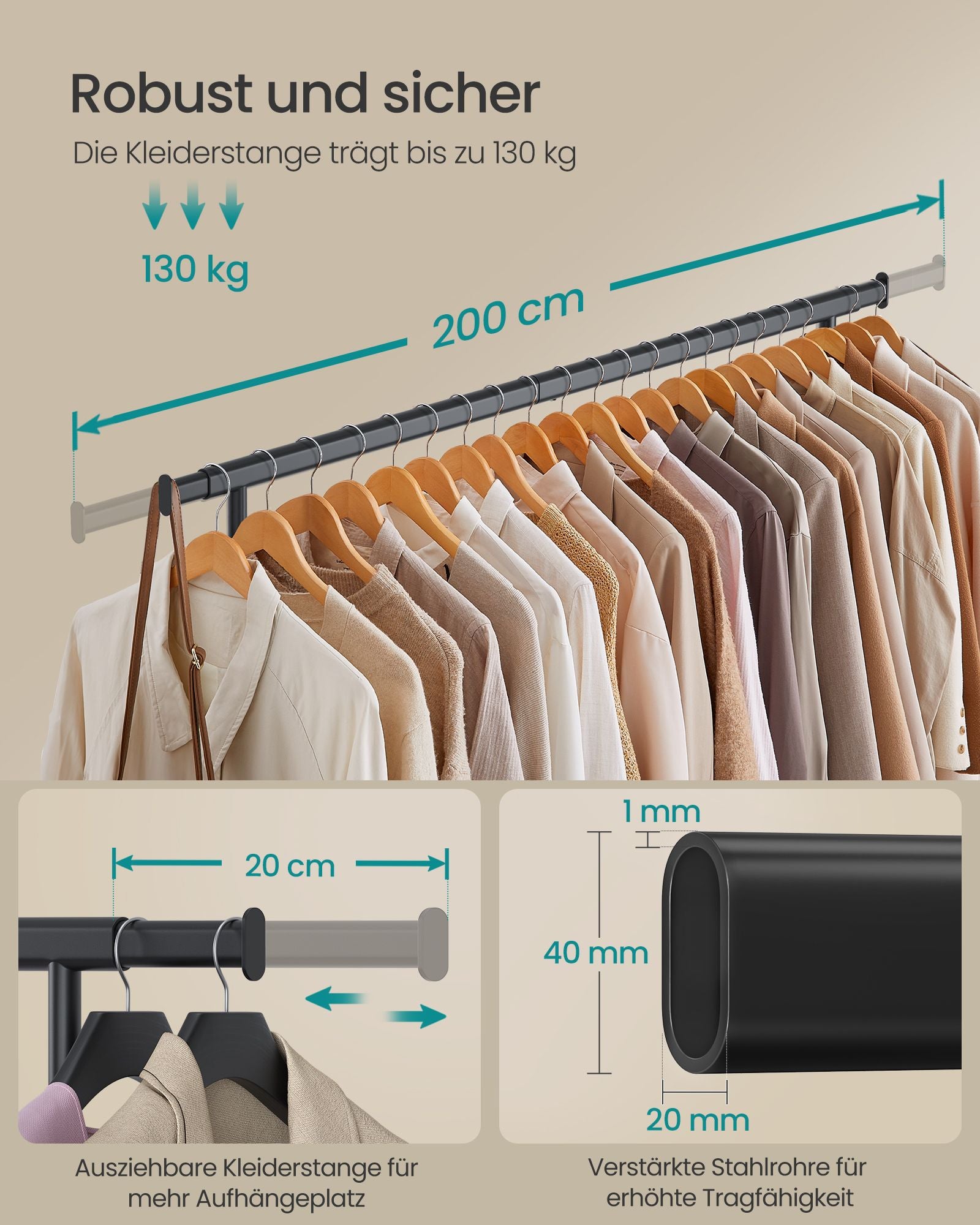 Schwerlast Kleiderständer, bis 150kg Profi kleiderständer, Kleiderständer auf Rollen, Schwarz, SONGMICS, 3