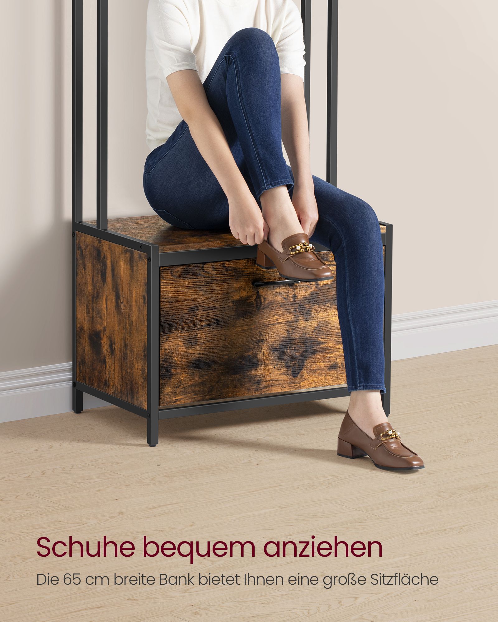 Garderobenständer, mit Schuhschrank, Garderobe mit Sitzbank, Kleiderständer, Schuhkipper, 7 Haken, braun schwarz, VASAGLE, 4