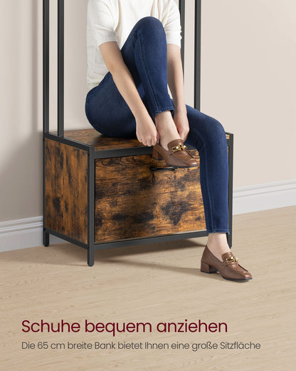 Garderobenständer, mit Schuhschrank, Garderobe mit Sitzbank, Kleiderständer, Schuhkipper, 7 Haken, braun schwarz, VASAGLE, 4