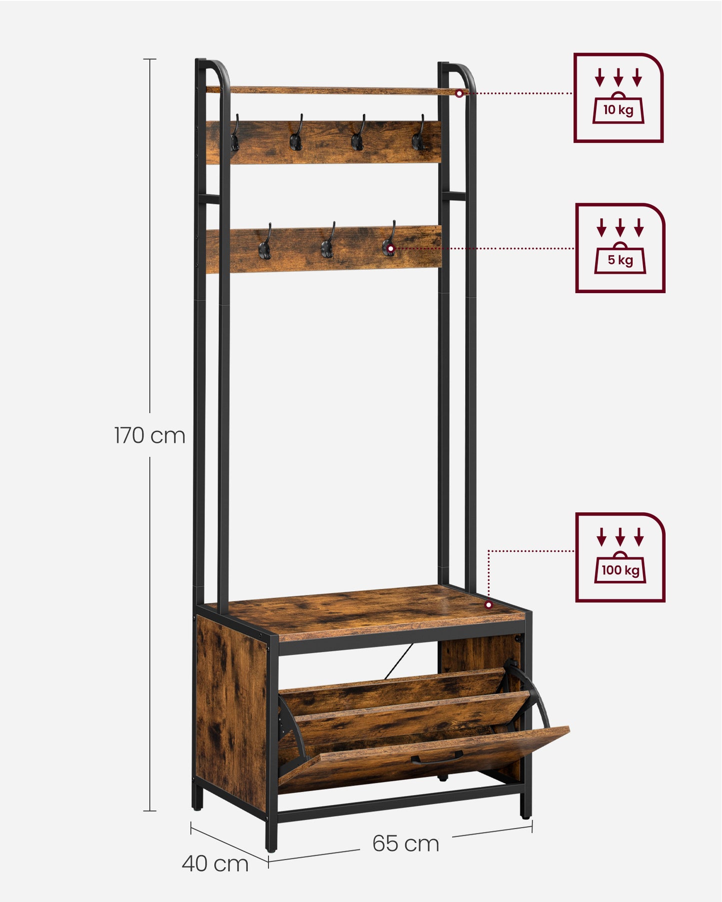 Garderobenständer, mit Schuhschrank, Garderobe mit Sitzbank, Kleiderständer, Schuhkipper, 7 Haken, braun schwarz, VASAGLE, 6