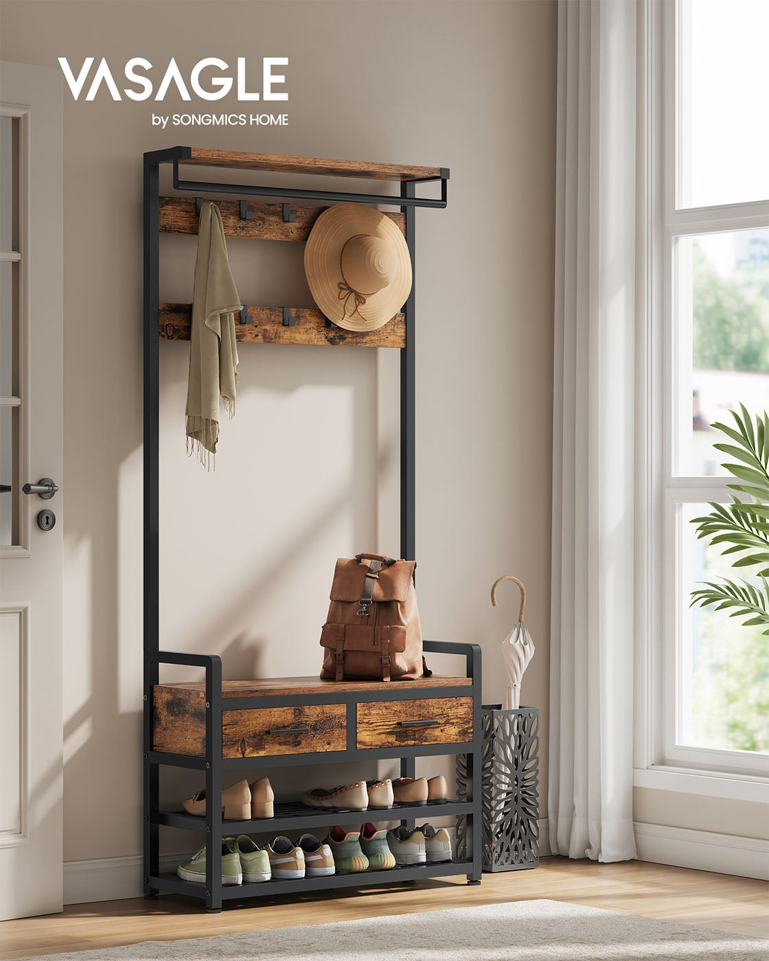Garderobenständer, Garderobe mit sitzbank, 2 Schubladen, 2 Ablagen, 10 Haken, Vintagebraun-Schwarz, VASAGLE, 1