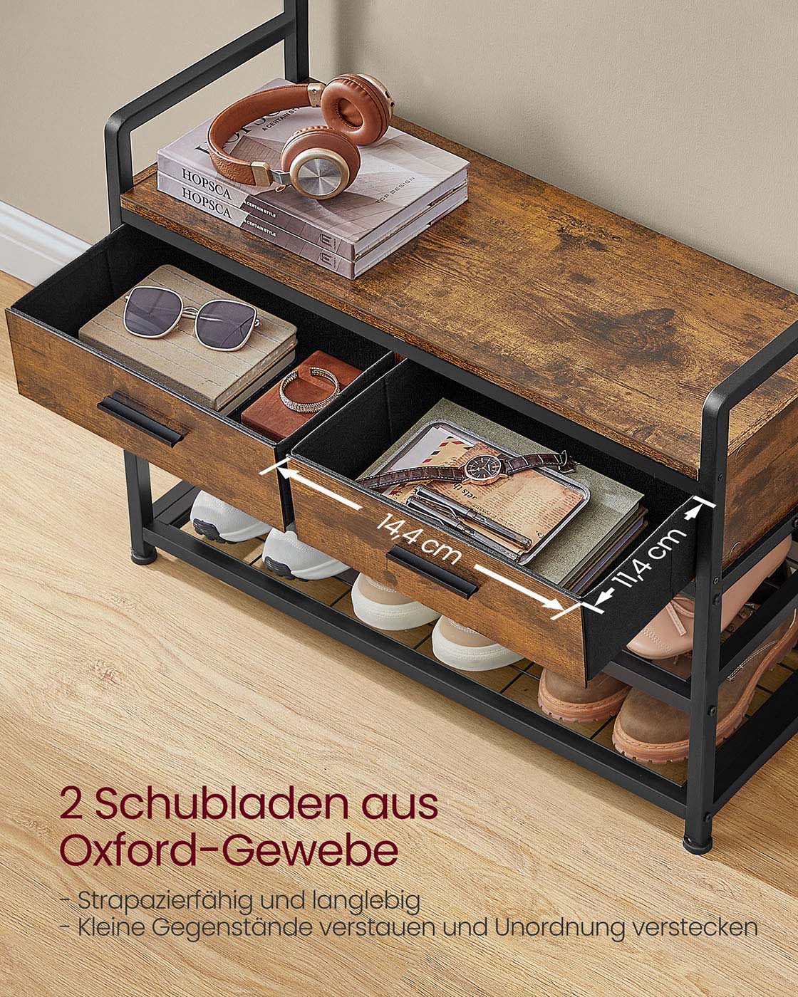 Garderobenständer, Garderobe mit sitzbank, 2 Schubladen, 2 Ablagen, 10 Haken, Vintagebraun-Schwarz, VASAGLE, 1