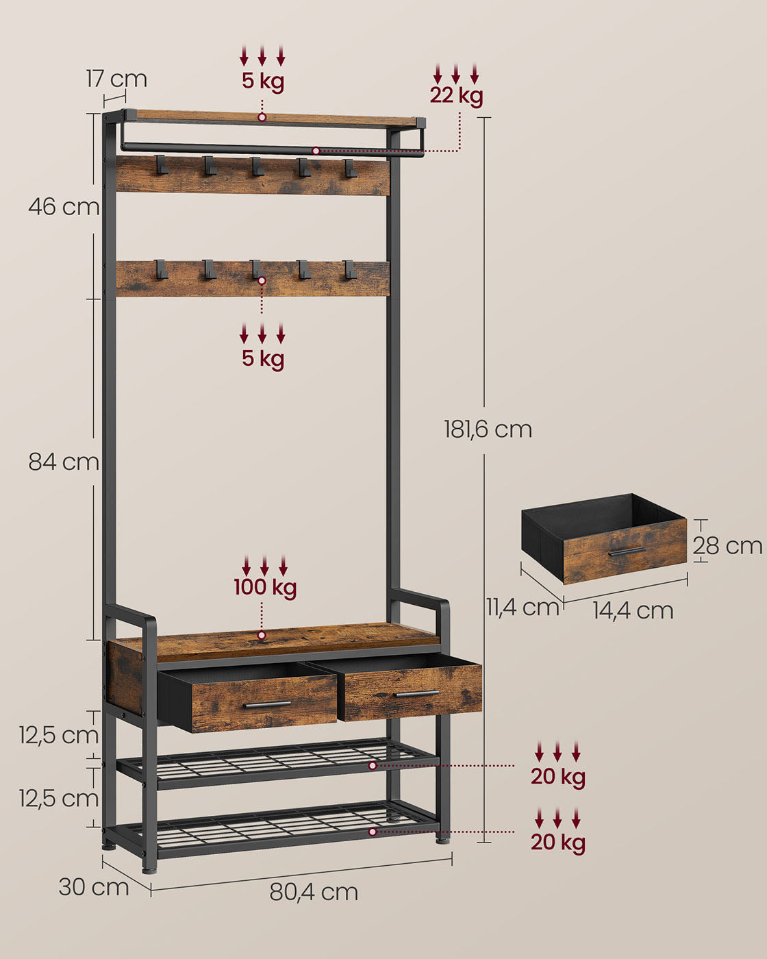 Garderobenständer, Garderobe mit sitzbank, 2 Schubladen, 2 Ablagen, 10 Haken, Vintagebraun-Schwarz, VASAGLE, 1