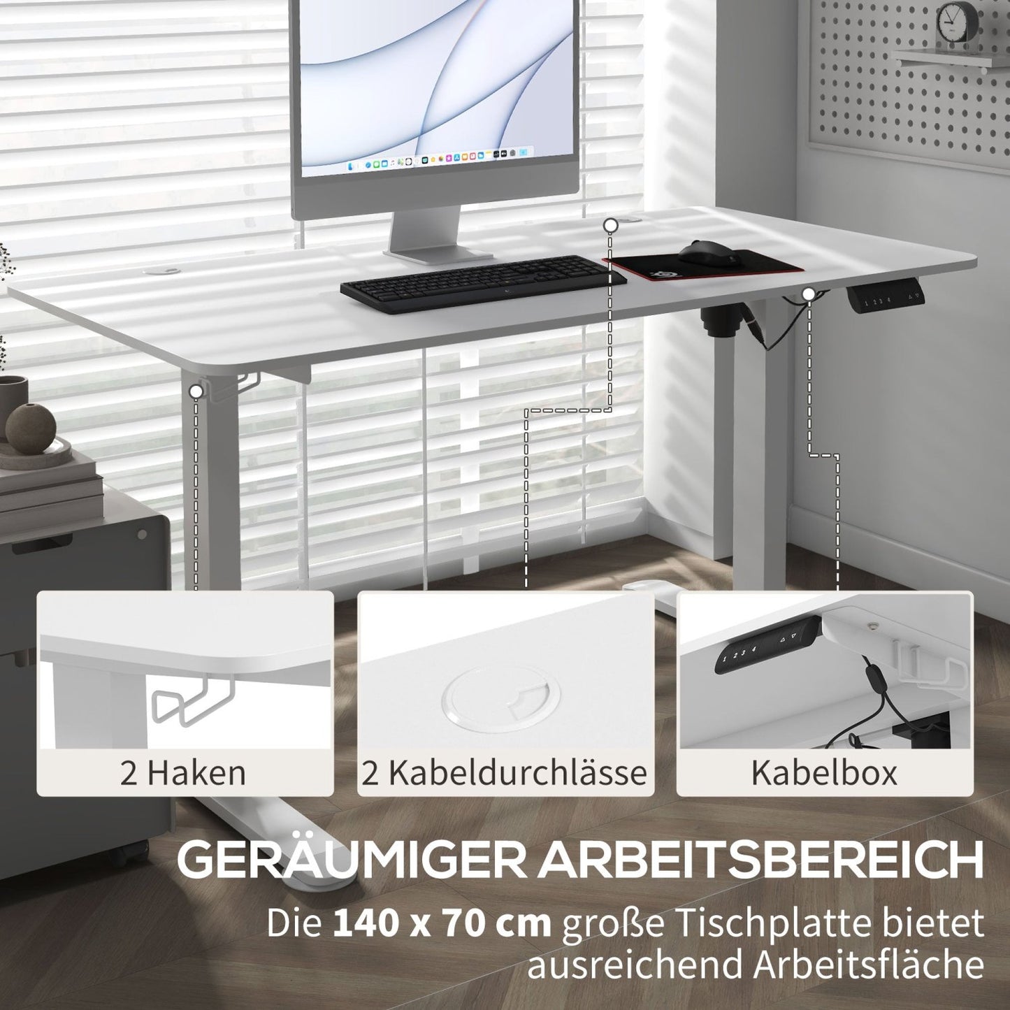 Höhenverstellbarer Schreibtisch Elektrisch, Bürotisch, 140x70 cm, Computertisch, mit 4 Memory-Voreinstellungen, Weiß, Vinsetto, 6