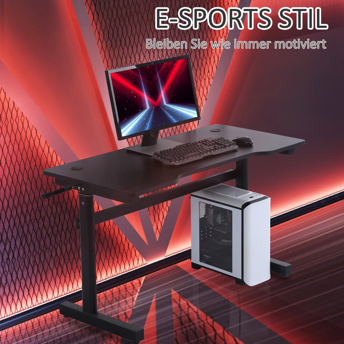 Gaming Tisch, PC Tisch, Höhenverstellbarer Schreibtisch, Handkurbellift, Computertisch,Bürotisch, Fußstützen, Vinsetto, 1