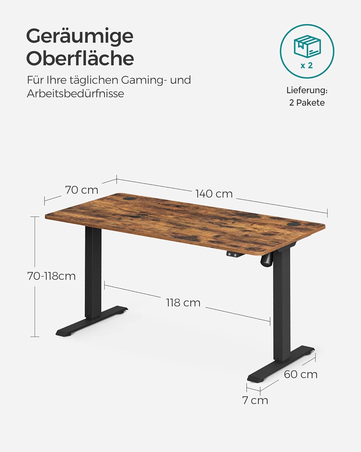 Höhenverstellbarer Schreibtisch elektrisch, Tischgestell, Schreibtischständer, mit Tischplatte, stufenlos verstellbar, SONGMICS, 2