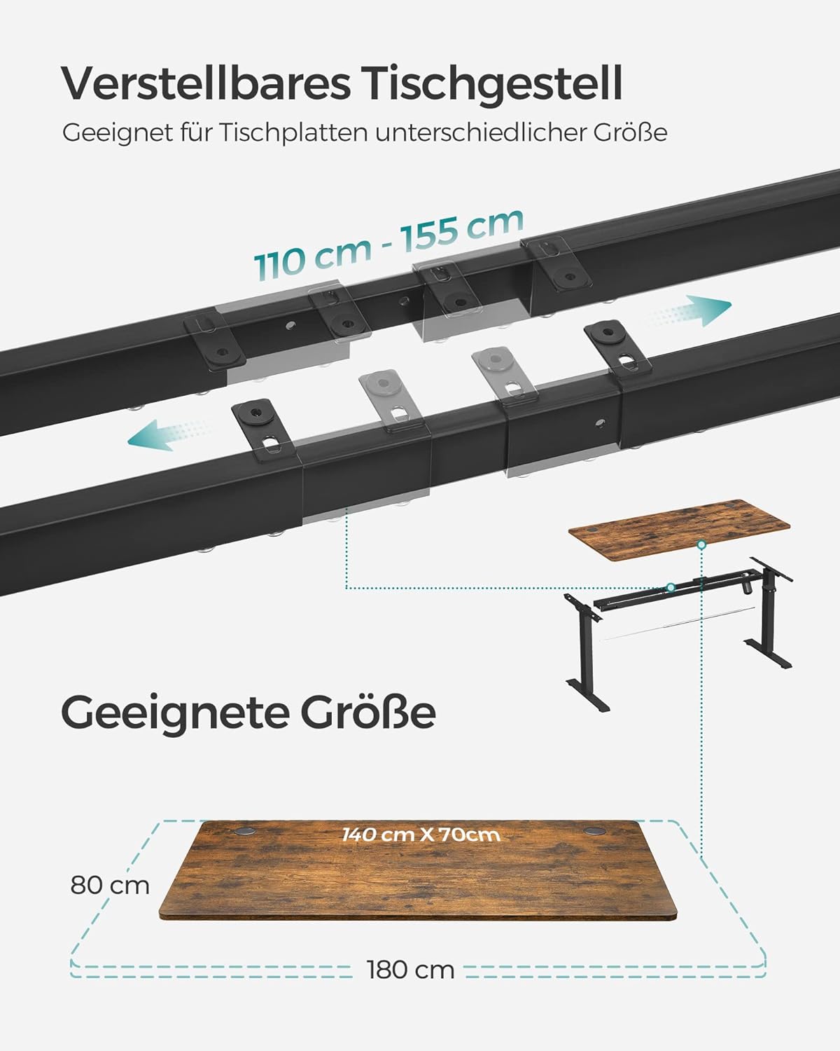 Höhenverstellbarer Schreibtisch elektrisch, Tischgestell, Schreibtischständer, mit Tischplatte, stufenlos verstellbar, SONGMICS, 6