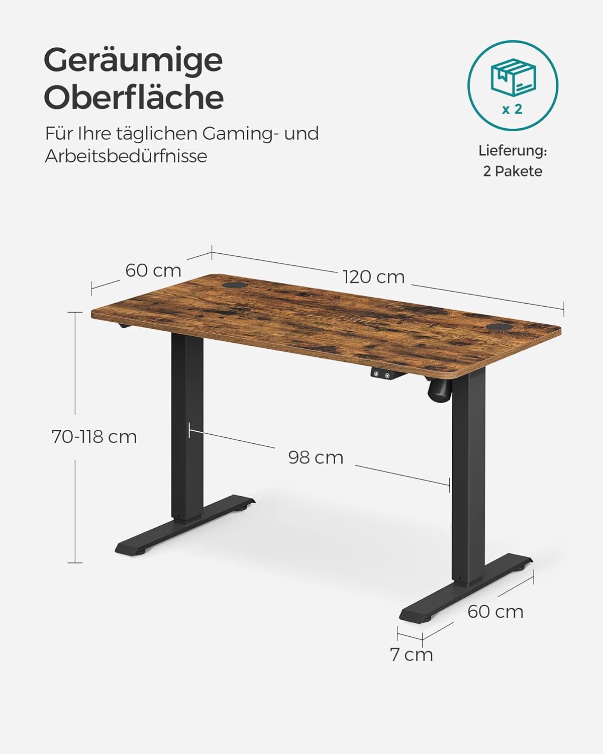 Höhenverstellbarer Schreibtisch elektrisch, 60x120 x (70-118) cm, Tischgestell, Schreibtischständer, mit Tischplatte, SONGMICS, 3