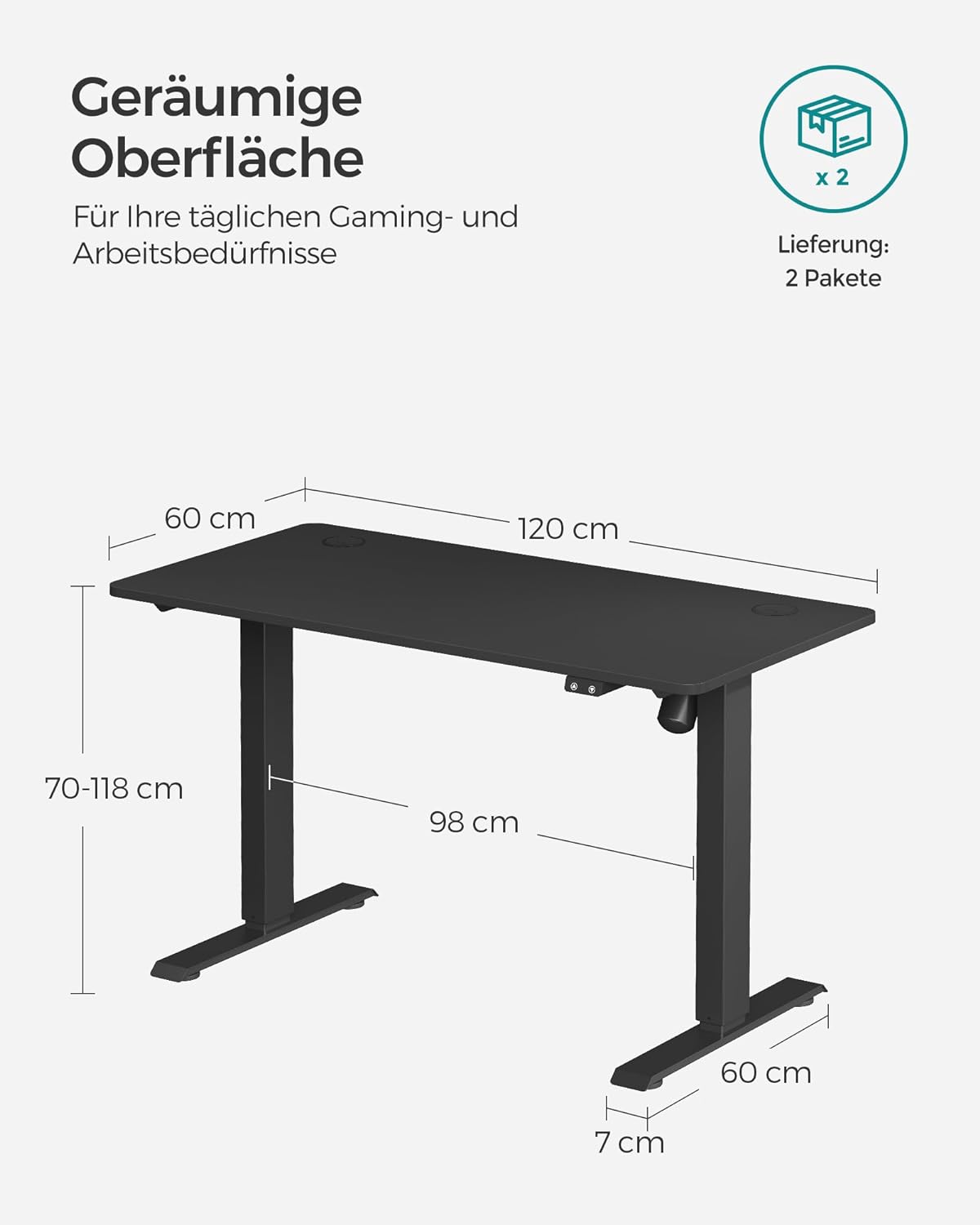 Höhenverstellbarer Schreibtisch elektrisch, Tischgestell, Schreibtischständer, mit Tischplatte, Stahl, schwarz, SONGMICS, 2