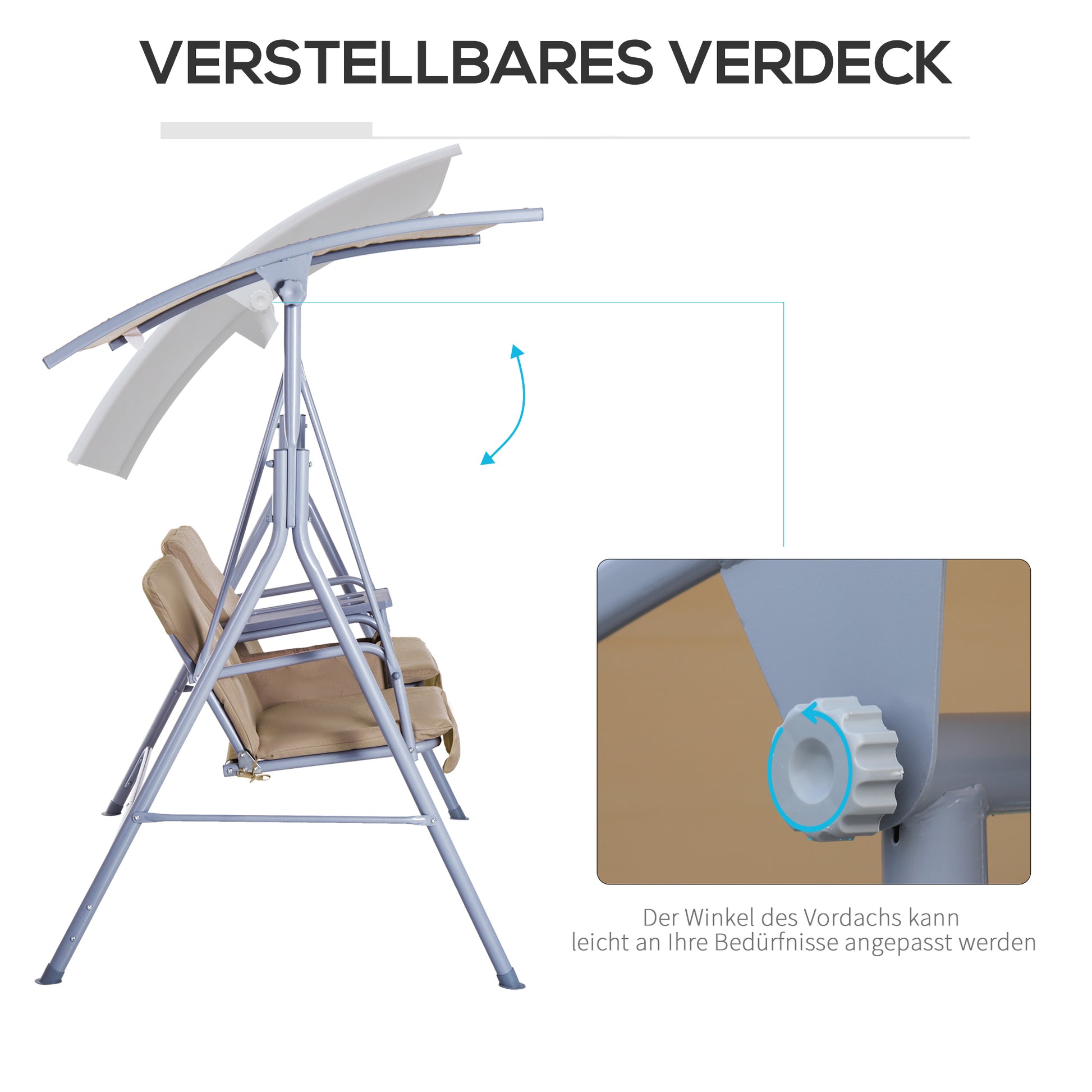 Hollywoodschaukel, 2-Sitzer, Gartenschaukel, Schaukel mit Sonnendach Beige 175 x 112 x 165 cm, Outsunny, 2