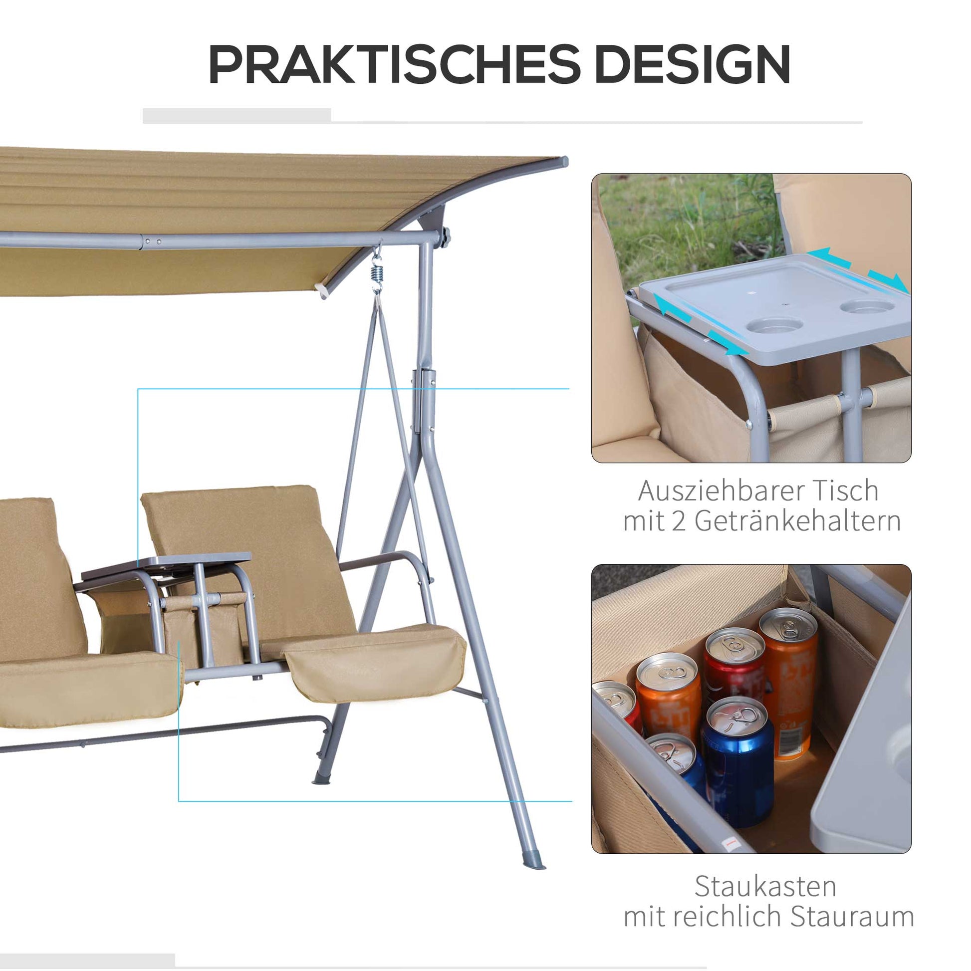 Hollywoodschaukel, 2-Sitzer, Gartenschaukel, Schaukel mit Sonnendach Beige 175 x 112 x 165 cm, Outsunny, 3