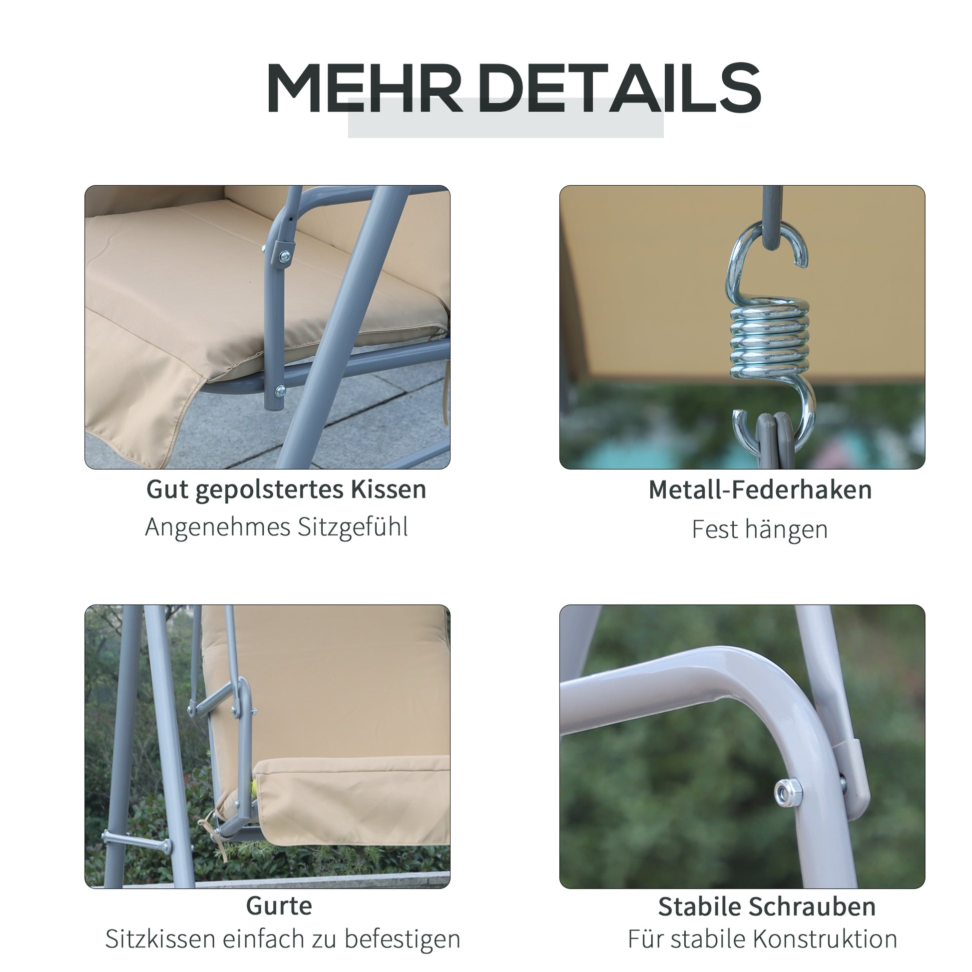 Hollywoodschaukel, 2-Sitzer, Gartenschaukel, Schaukel mit Sonnendach Beige 175 x 112 x 165 cm, Outsunny, 4