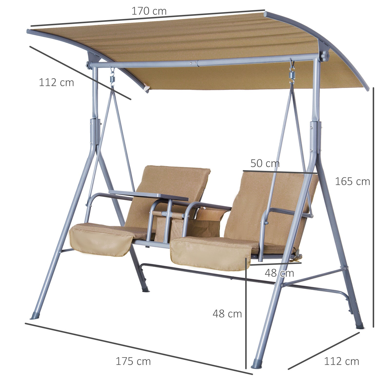 Hollywoodschaukel, 2-Sitzer, Gartenschaukel, Schaukel mit Sonnendach Beige 175 x 112 x 165 cm, Outsunny, 7