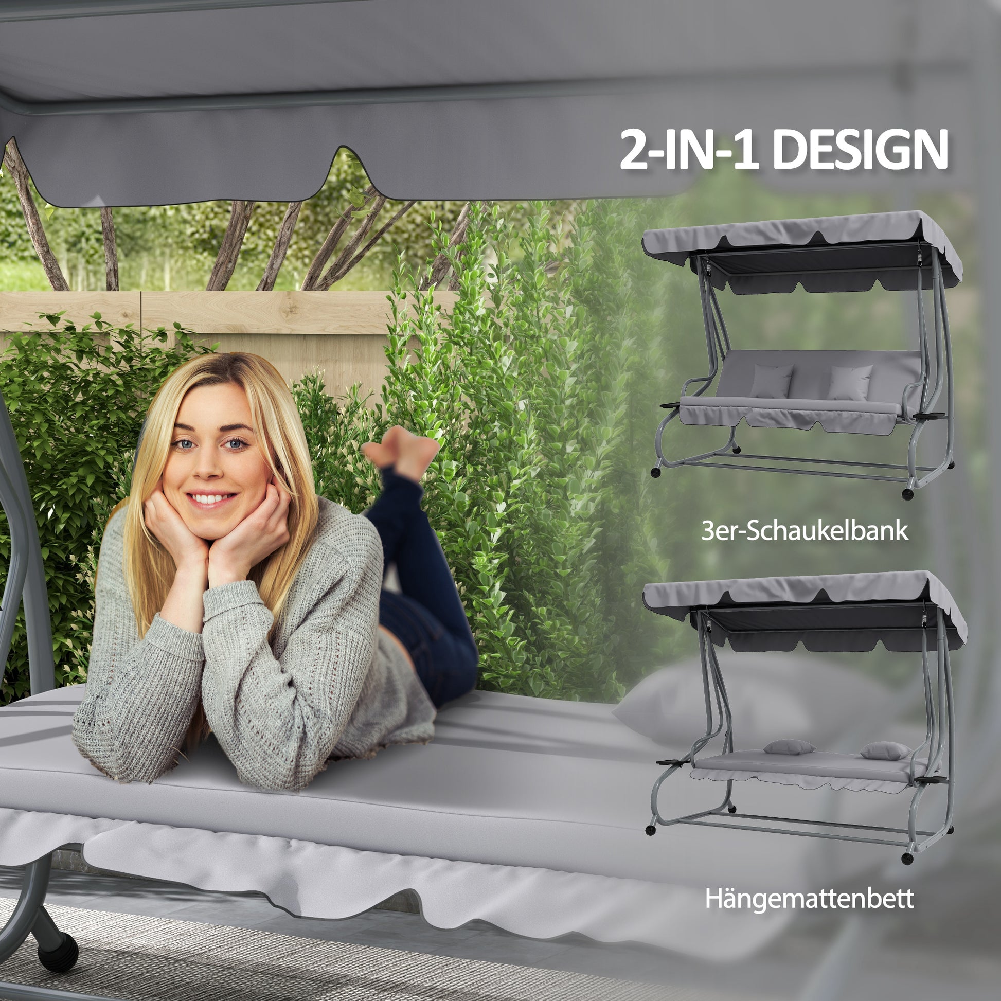 Hollywoodschaukel, 3-Sitzer, Belastung 340kg, mit Liegefunktion, verstellbarem Dach, klappbarem Beistelltisch, Outsunny, 4