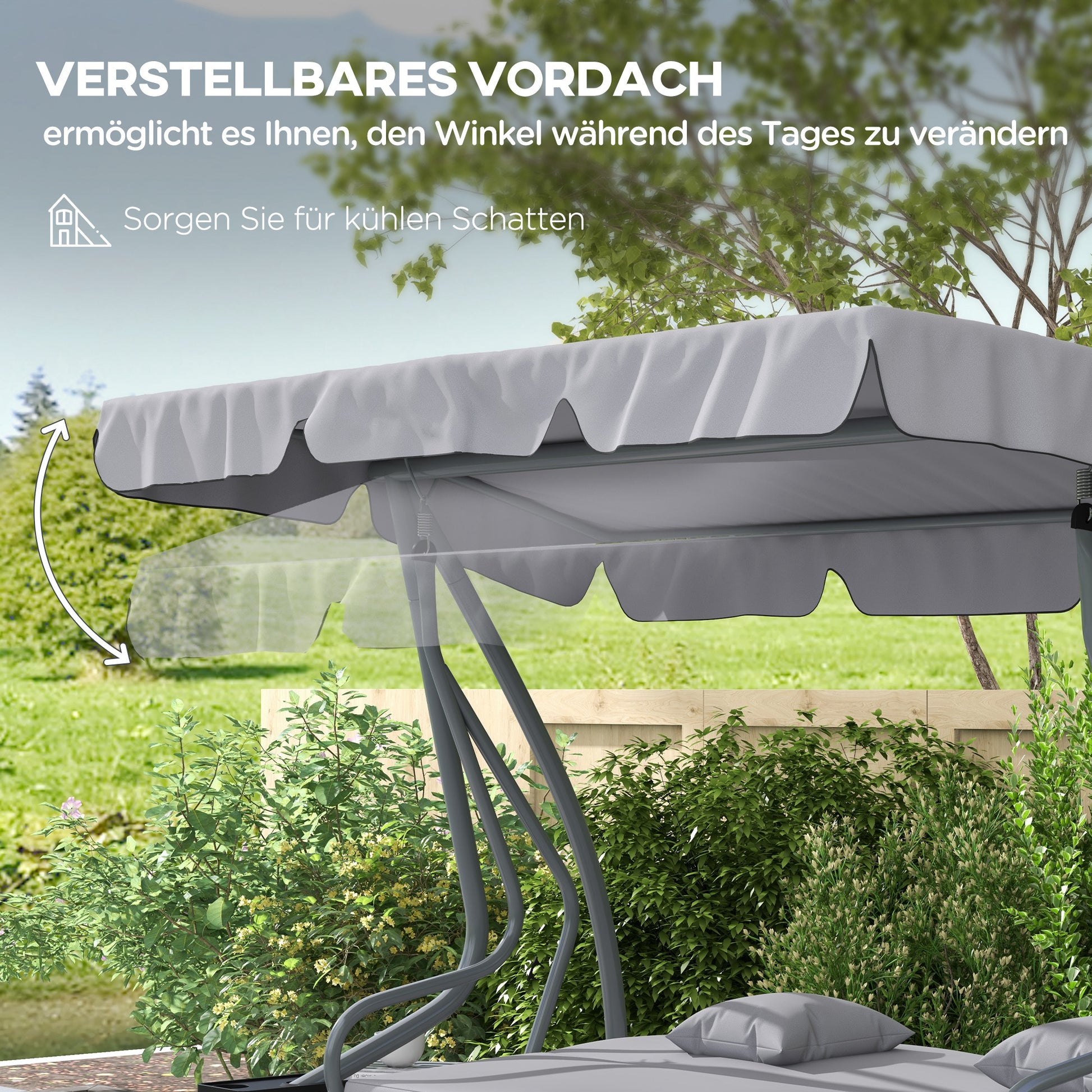 Hollywoodschaukel, 3-Sitzer, Belastung 340kg, mit Liegefunktion, verstellbarem Dach, klappbarem Beistelltisch, Outsunny, 5