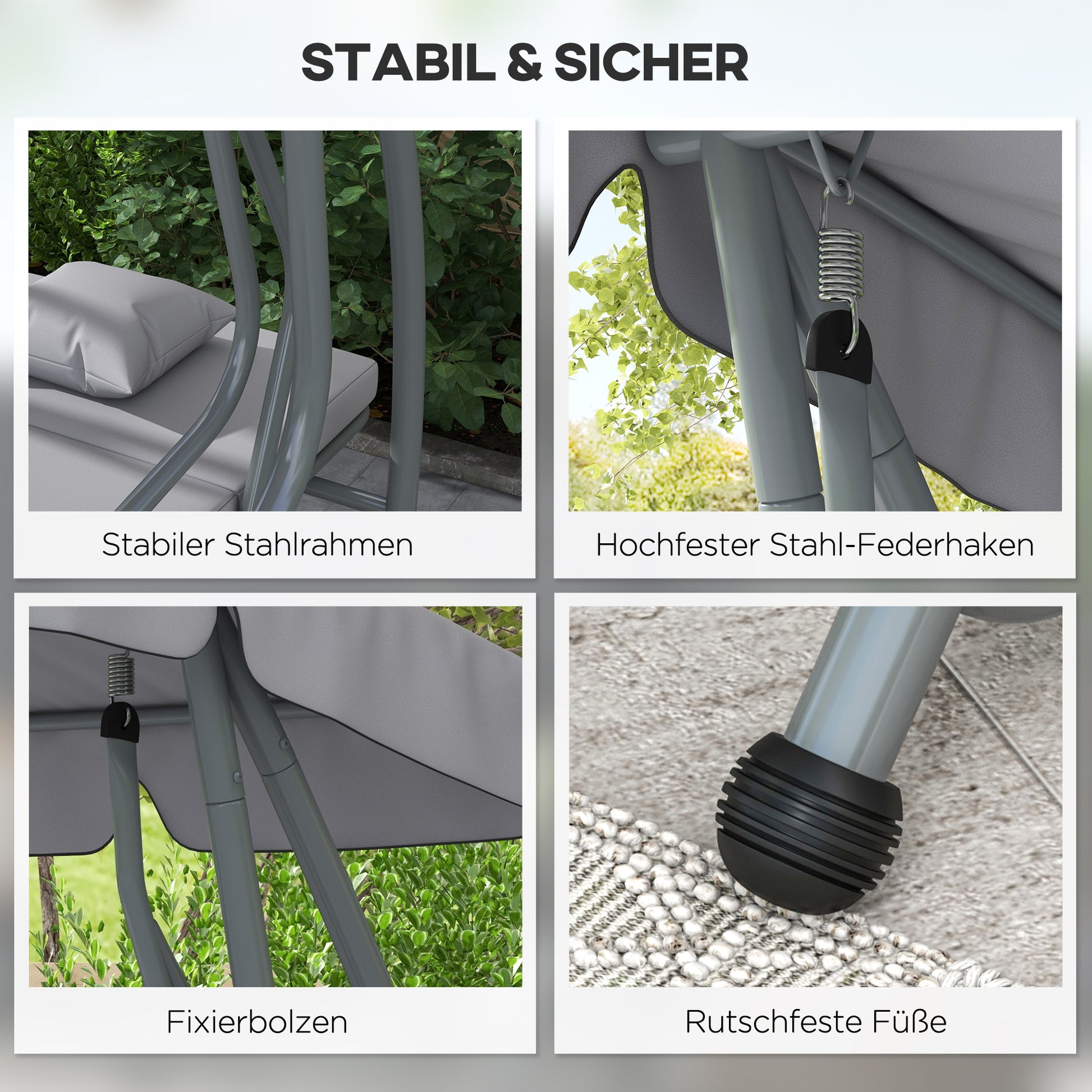 Hollywoodschaukel, 3-Sitzer, Belastung 340kg, mit Liegefunktion, verstellbarem Dach, klappbarem Beistelltisch, Outsunny, 6