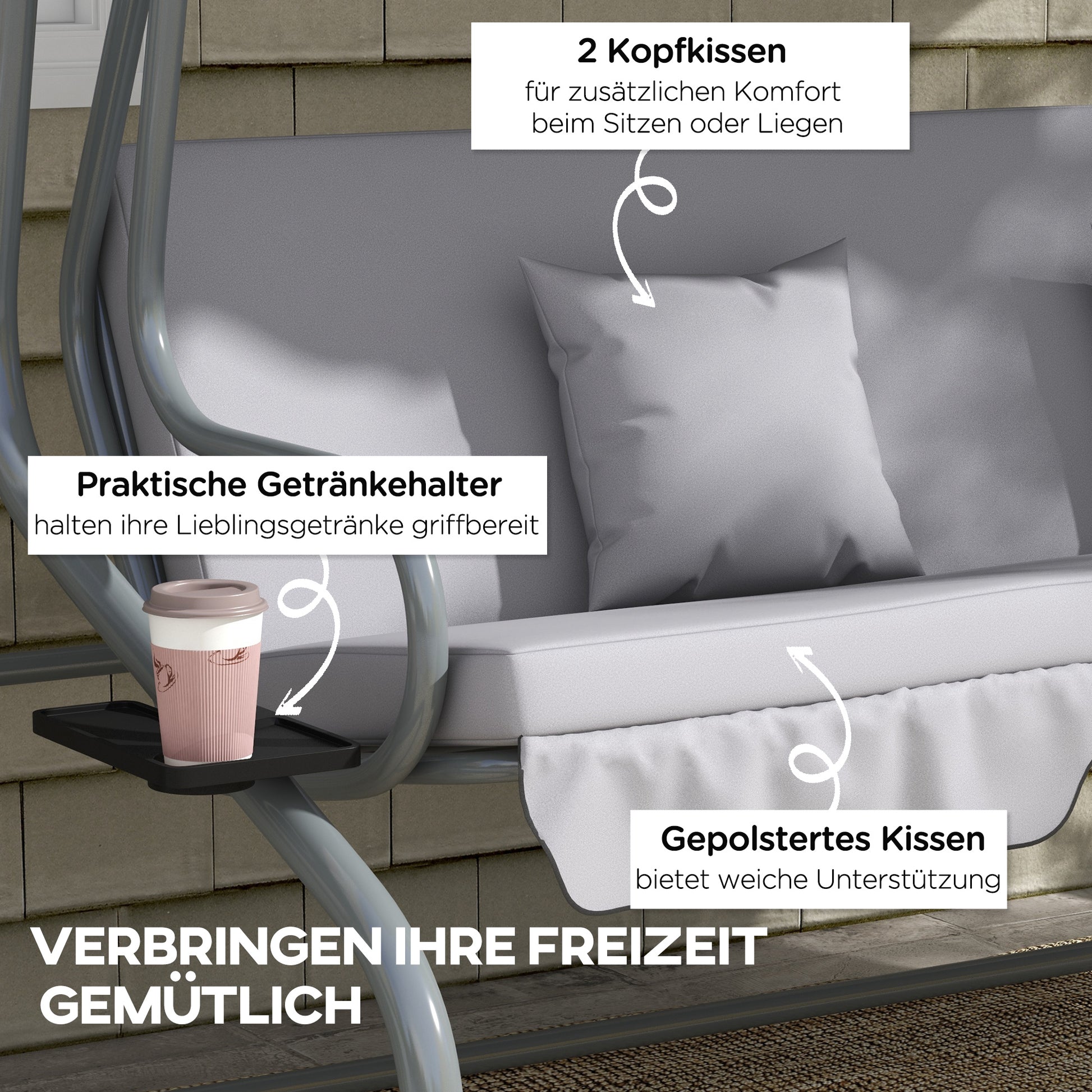 Hollywoodschaukel, 3-Sitzer, Belastung 340kg, mit Liegefunktion, verstellbarem Dach, klappbarem Beistelltisch, Outsunny, 7