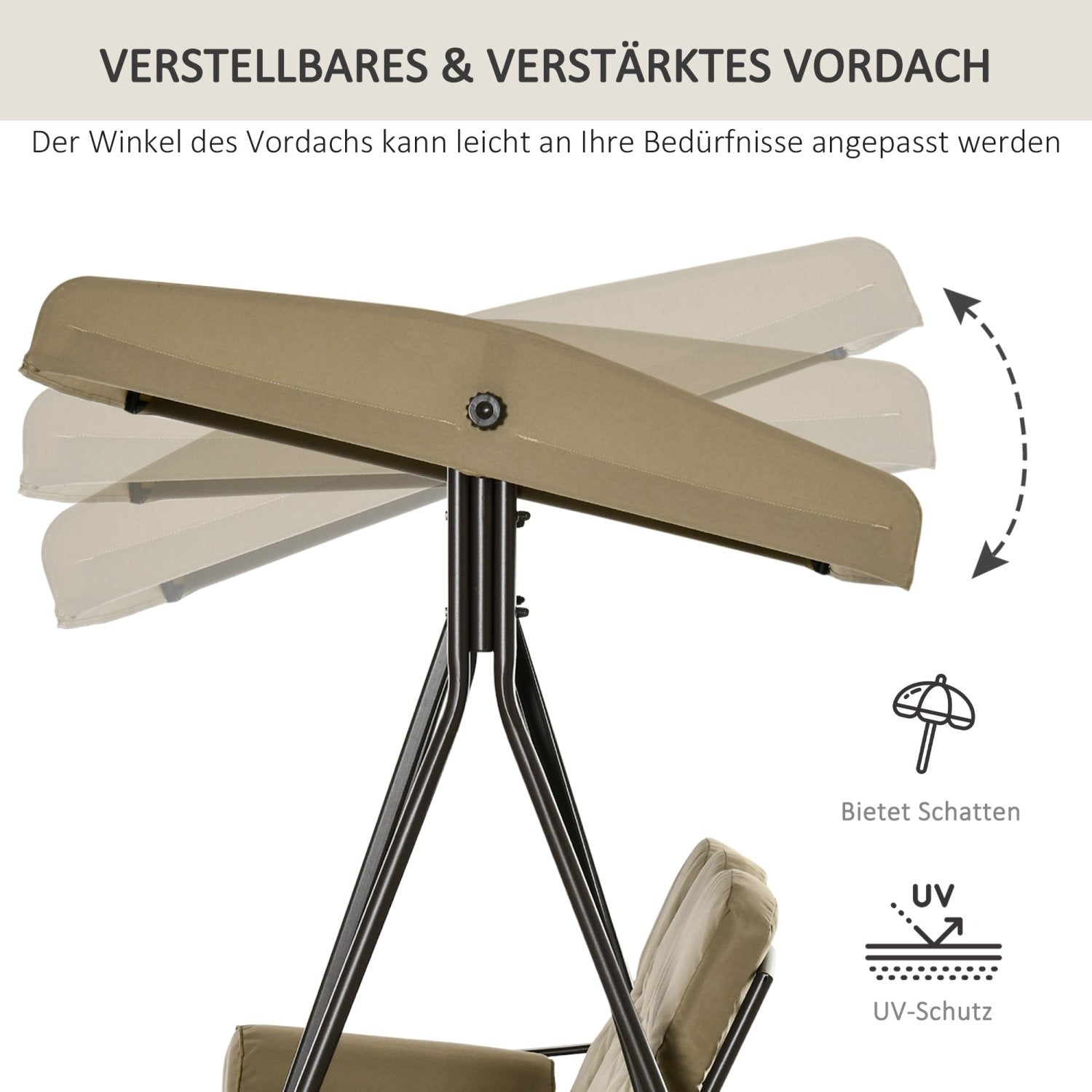 Hollywoodschaukel, 3-Sitzer, Gartenschaukel, mit Sonnendach Kissen, Schaukel Garten, Polyester, Khaki, Outsunny, 3