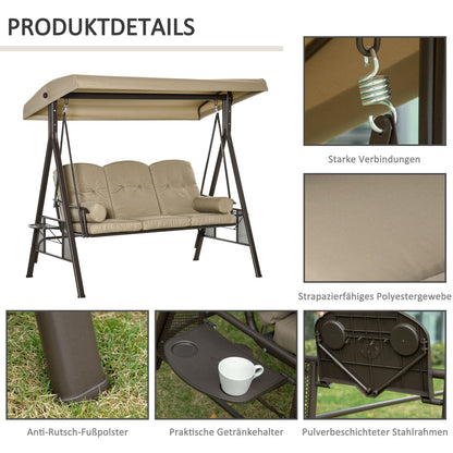 Hollywoodschaukel, 3-Sitzer, Gartenschaukel, mit Sonnendach Kissen, Schaukel Garten, Polyester, Khaki, Outsunny, 4