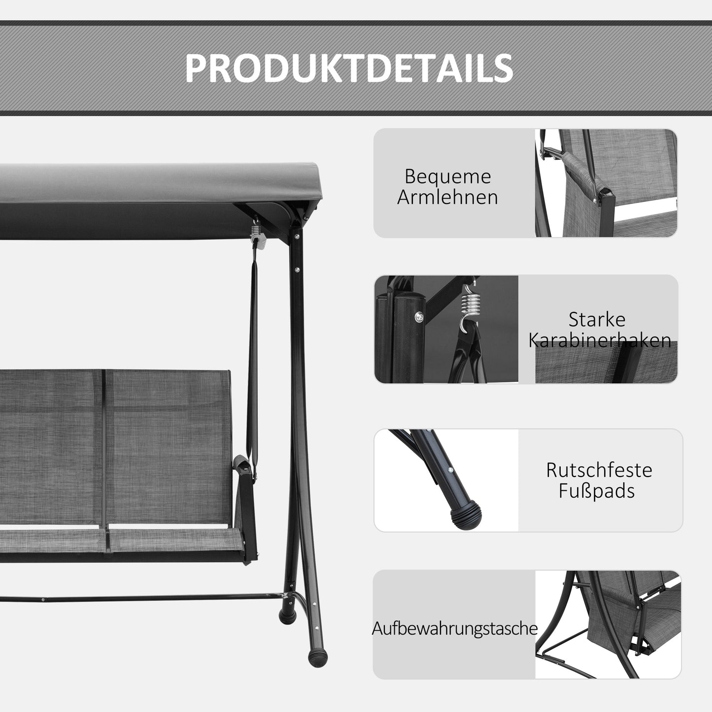 Hollywoodschaukel, 3-Sitzer, Gartenschaukel mit Sonnendach, Schaukelbank mit Ablage, Aluminium, Grau, Outsunny, 6