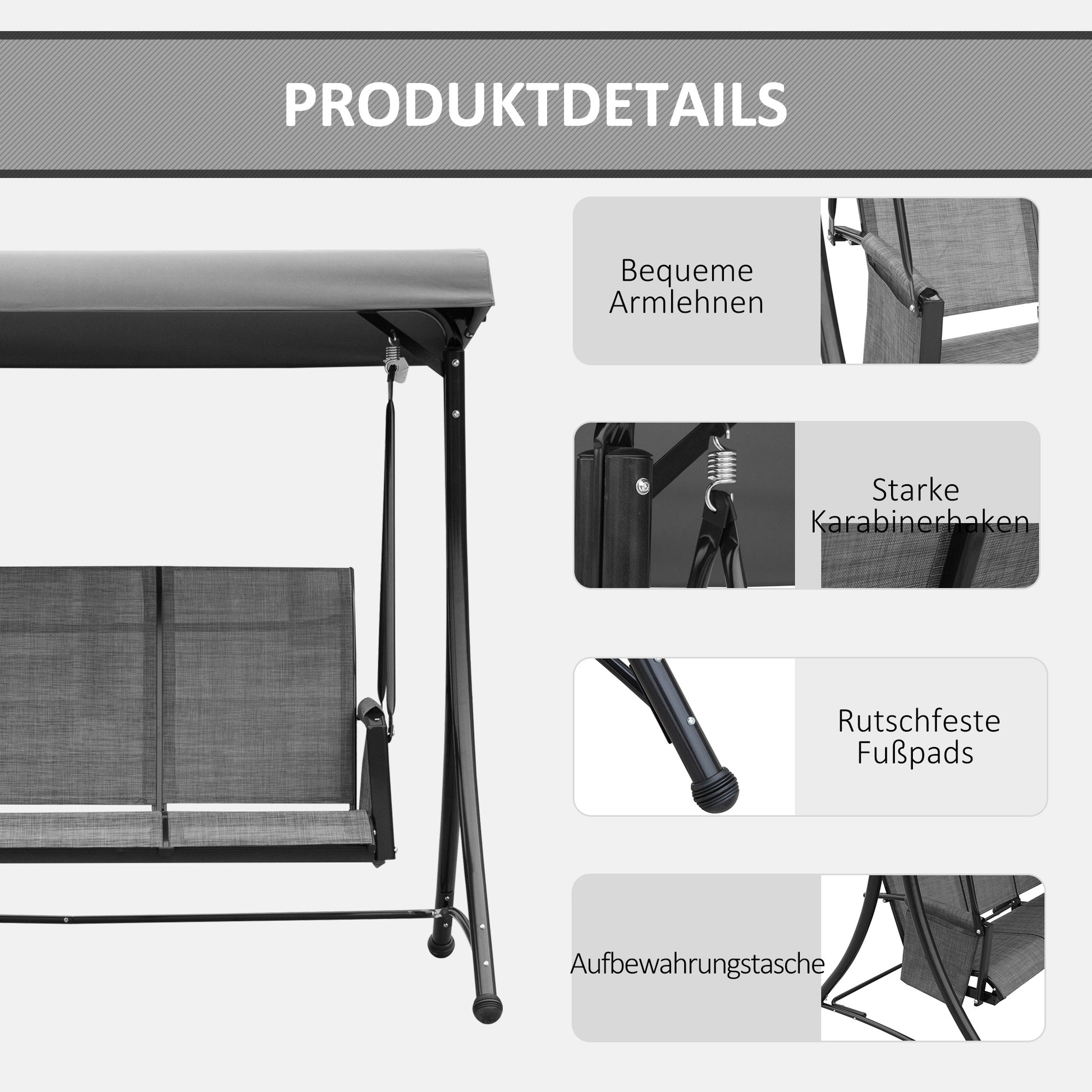 Hollywoodschaukel, 3-Sitzer, Gartenschaukel mit Sonnendach, Schaukelbank mit Ablage, Aluminium, Grau, Outsunny, 6