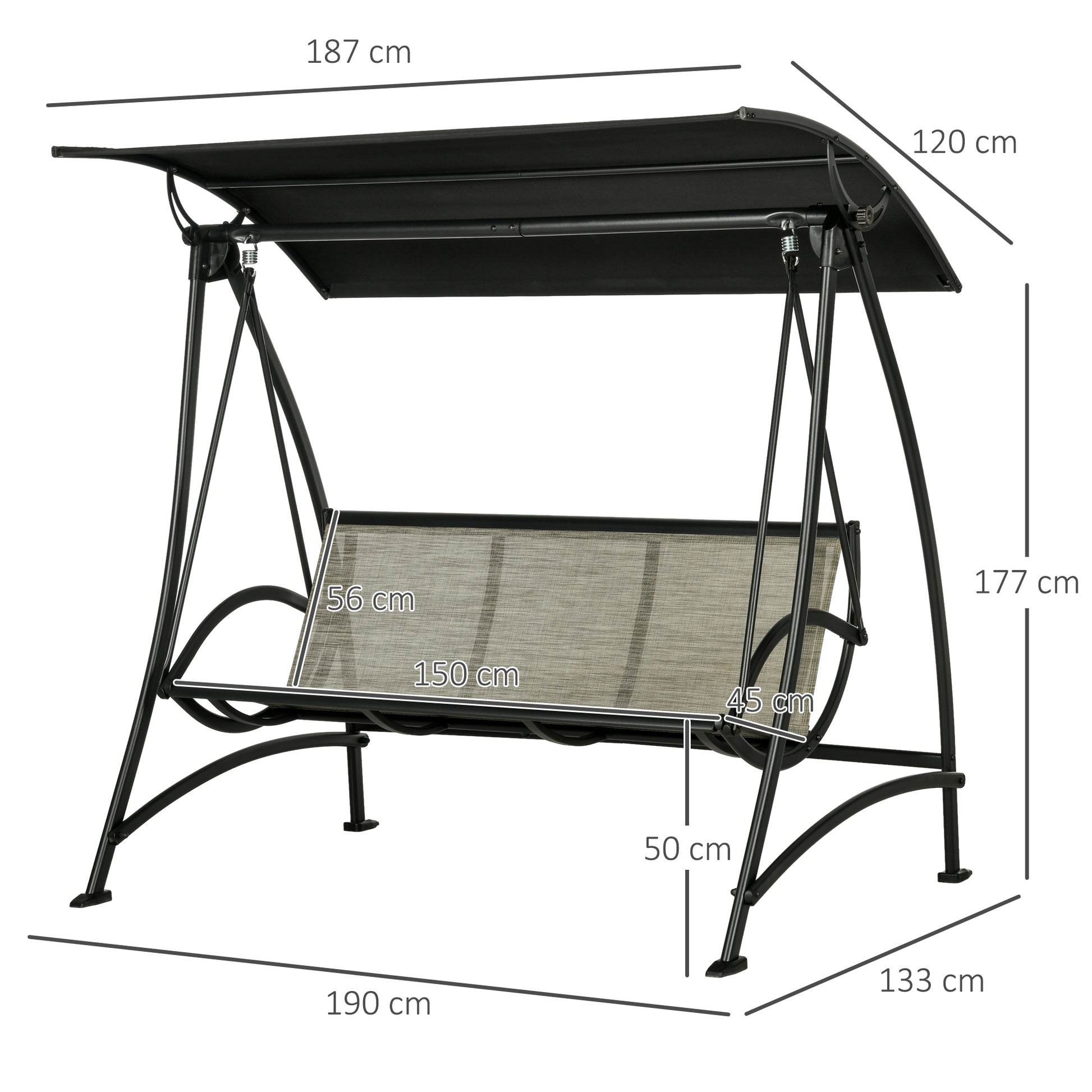 Hollywoodschaukel, 3-Sitzer, Gartenschaukel, mit Verstellbarem Sonnendach, UV-Schutz, Schaukelbank bis 330 kg, Outsunny, 3