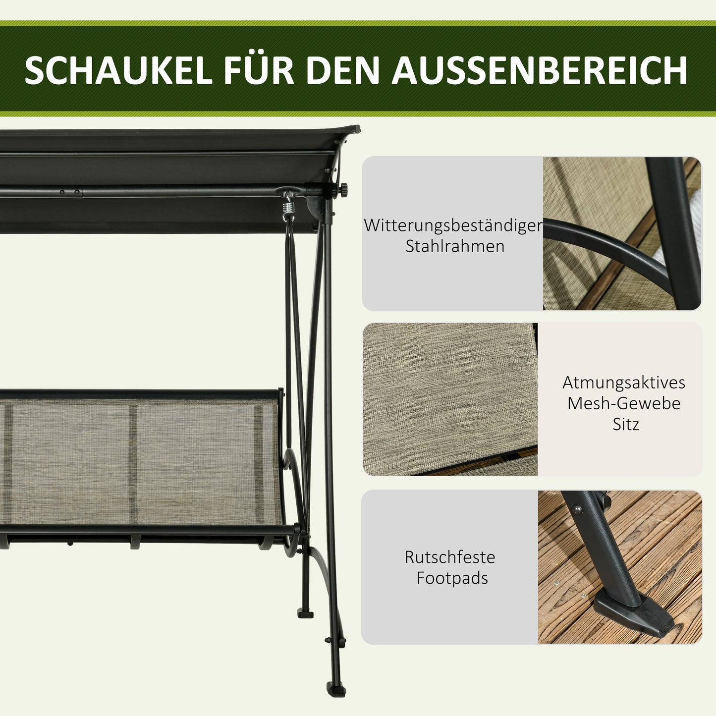 Hollywoodschaukel, 3-Sitzer, Gartenschaukel, mit Verstellbarem Sonnendach, UV-Schutz, Schaukelbank bis 330 kg, Outsunny, 6