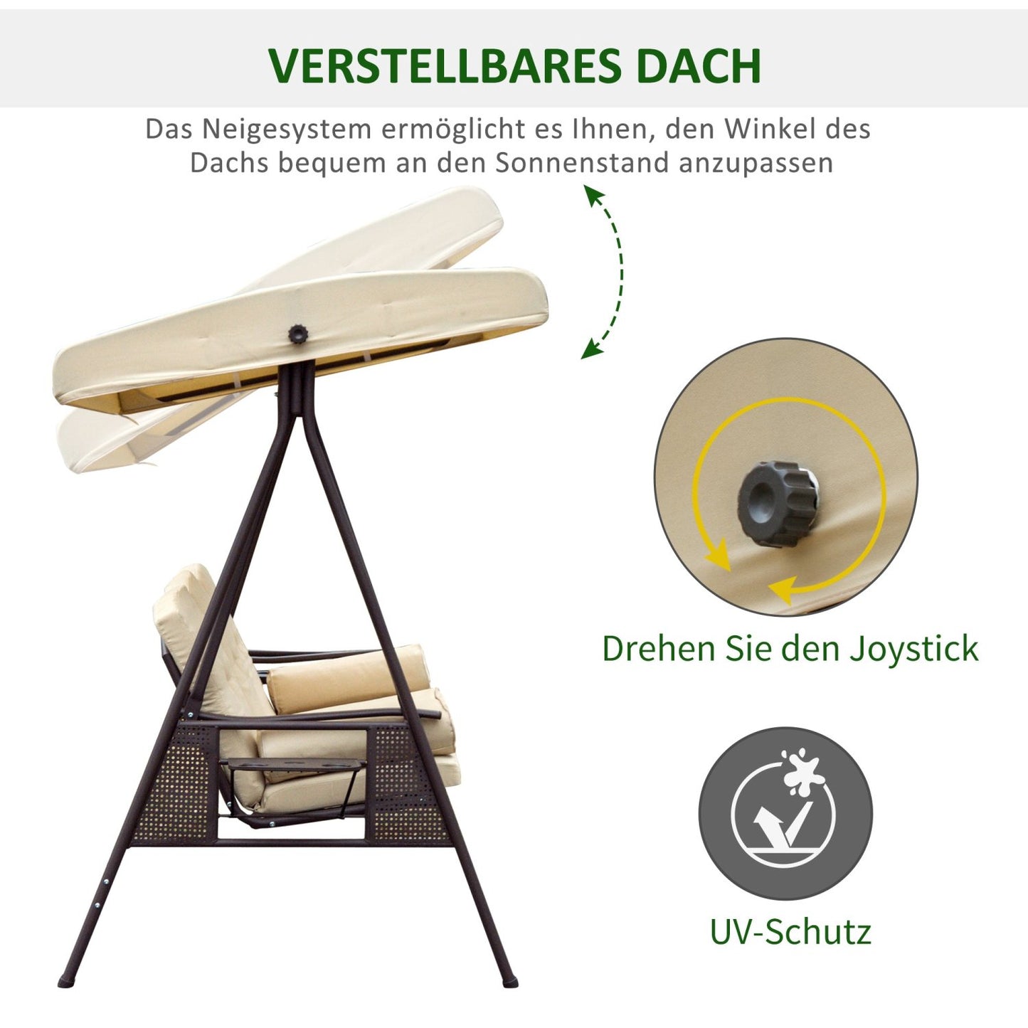 Hollywoodschaukel, Gartenschaukel, 3-Sitzer, mit Sonnendach Kissen, Schaukel Garten, Metall, Polyester, Braun, Outsunny, 3