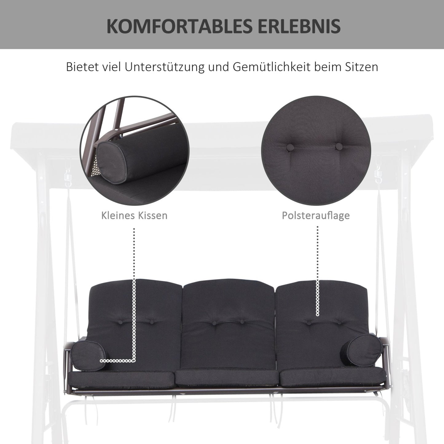 Hollywoodschaukel, Gartenschaukel, 3-Sitzer, mit Sonnendach Kissen, Schaukel Garten, Polyester, Schwarz, Outsunny, 5