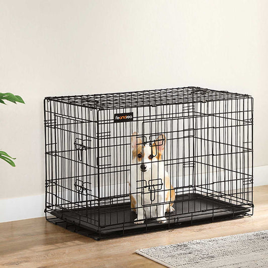 FEANDREA - Hundekäfig, klappbar, mit 2 Türen, ausziehbare Kunststoffschale, L, schwarz