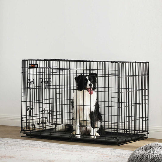 Hundekäfig, XL, klappbar, mit 2 Türen, ausziehbare Kunststoffschale, Welpen Laufstall, 107x70x77,5 cm, schwarz, FEANDREA, 1