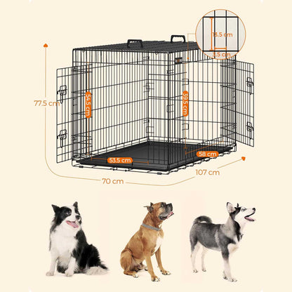 Hundekäfig, XL, klappbar, mit 2 Türen, ausziehbare Kunststoffschale, Welpen Laufstall, 107x70x77,5 cm, schwarz, FEANDREA, 2