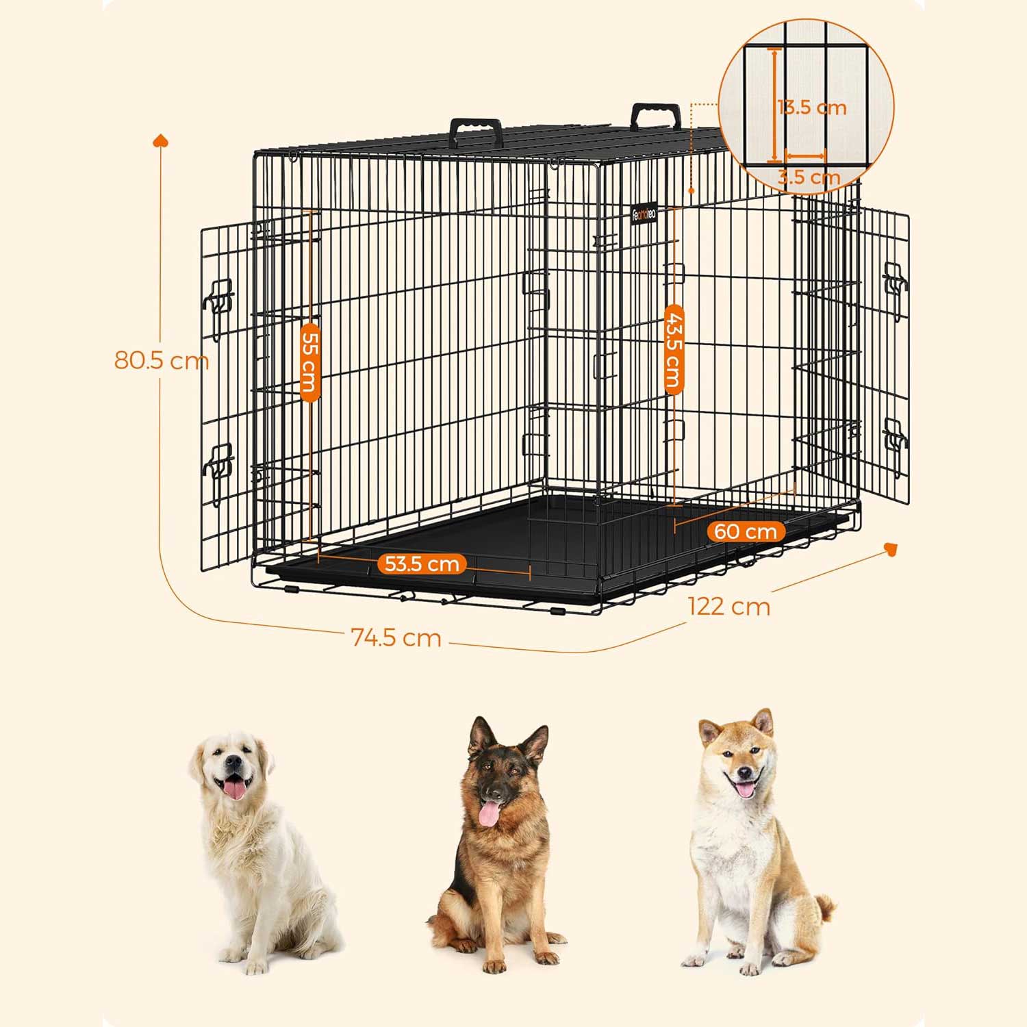 Hundekäfig, Hundebox, zusammenklappbar, transportabel, 2 Türen, 122 x 74,5 x 80,5 cm, schwarz