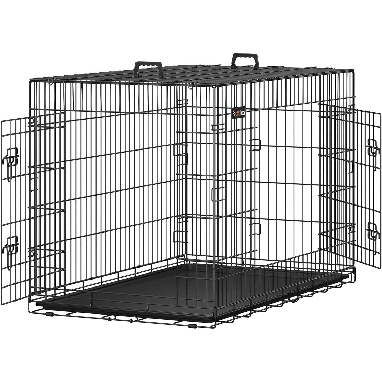 Hundekäfig, XXL, klappbar, mit 2 Türen, ausziehbare Kunststoffschale, Welpen Laufstall, 122x74,5x80,5 cm, schwarz, FEANDREA, 3