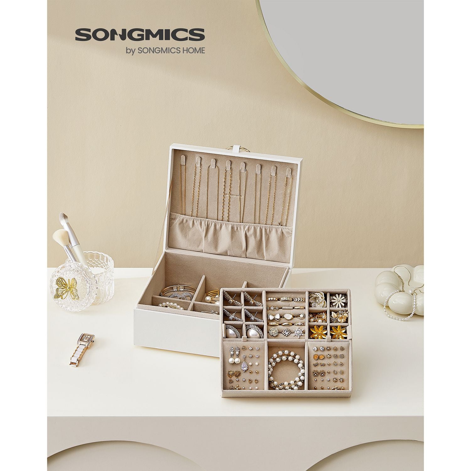 Schmuckkästchen, 2 Ebenen, Schmuckschatulle, mit Griff, Schmuck Organizer, Schmuckbox, schwebender Effekt, weiß, SONGMICS, 2
