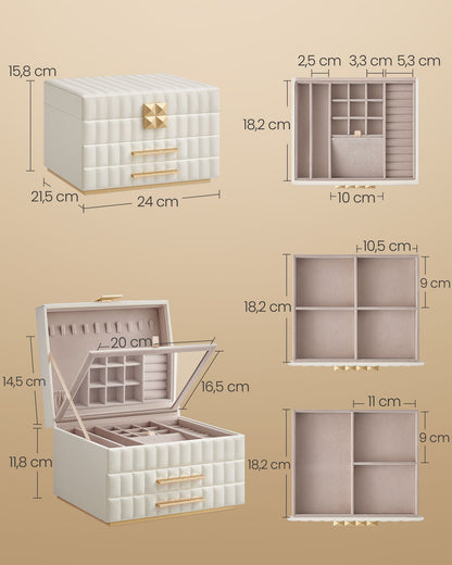 Schmuckschatulle, Schmuckkästchen, mit Spiegel, 3 Ebenen, Schmuckaufbewahrung 2 Schubladen, wolkenweiß, SONGMICS, 5