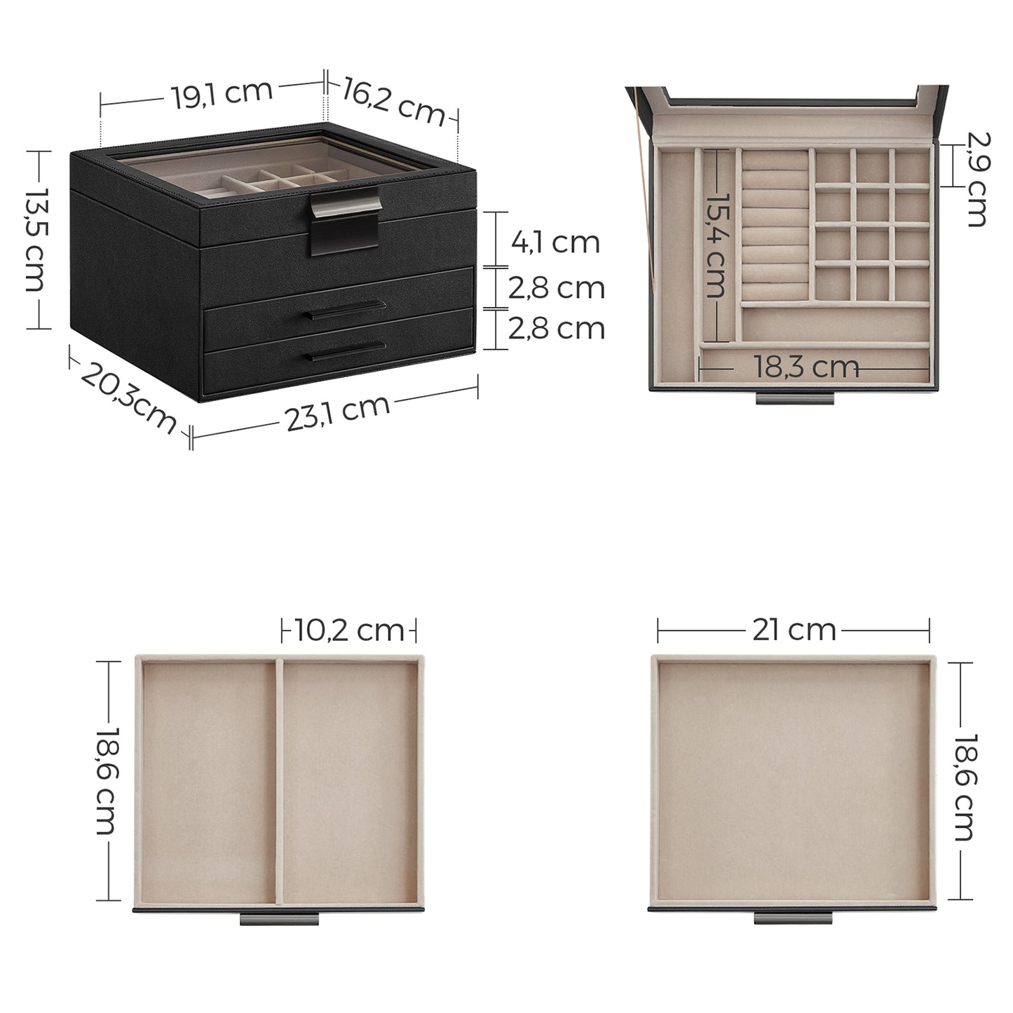 Schmuckkästchen, mit 3 Ebenen, Schmuckschatulle, Schmuckbox, mit Glasdeckel, 2 Schubladen, Schwarz-Silbern, SONGMICS, 6