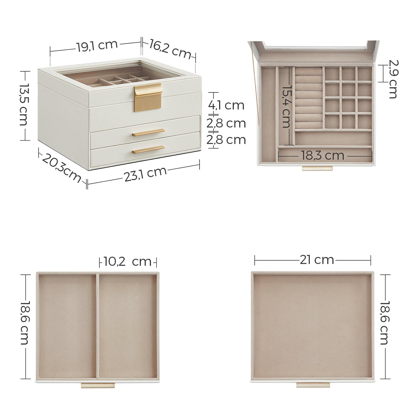 Schmuckkästchen, mit 3 Ebenen, Schmuckschatulle, Schmuckbox mit Glasdeckel, 2 Schubladen, weiß-golden, SONGMICS, 7