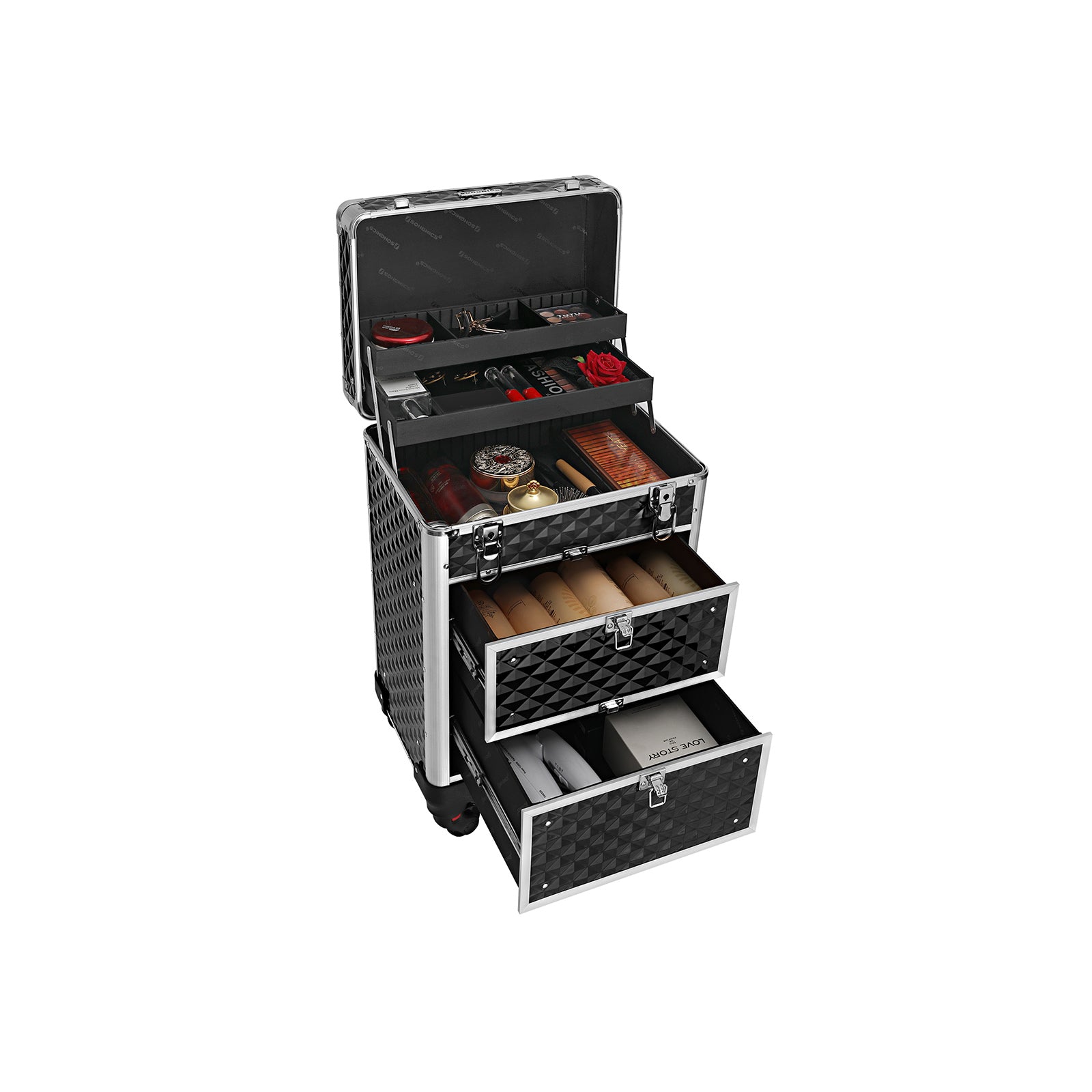 SONGMICS - Kosmetik Koffer, Schminkkoffer, Kosmetikkoffer Trolley, 2 Schubladen, Friseurkoffer groß, mit Rollen, schwarz, 3