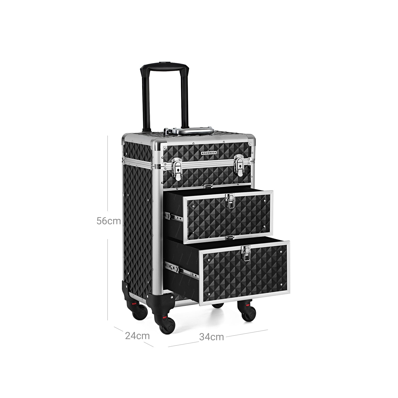 SONGMICS - Kosmetik Koffer, Schminkkoffer, Kosmetikkoffer Trolley, 2 Schubladen, Friseurkoffer groß, mit Rollen, schwarz, 8