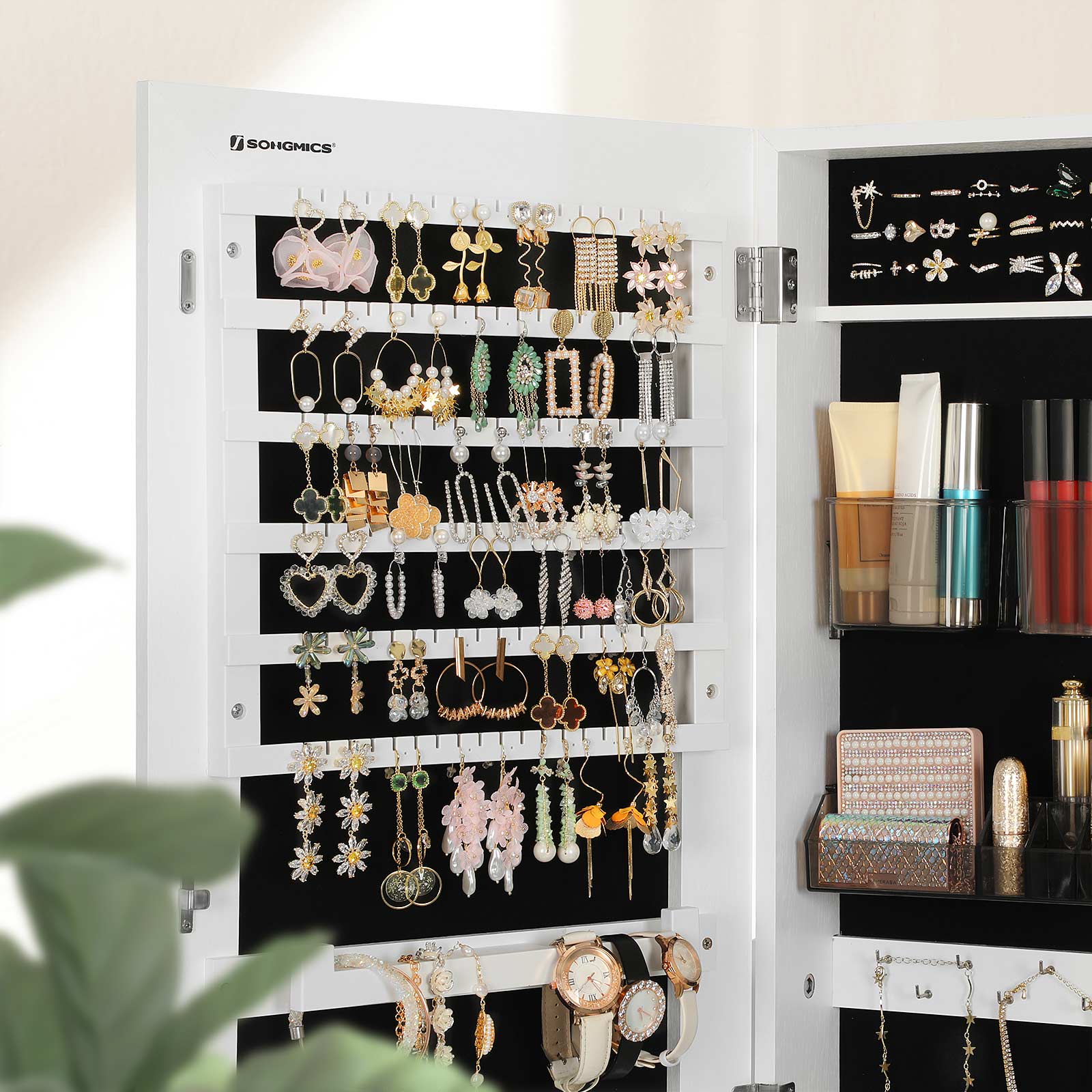 Schmuckschrank, Schmuckschrank mit Spiegel, Schmuck aufbewahren, Schmuck Spiegelschrank, Lederimitat, Weiß, SONGMICS, 5