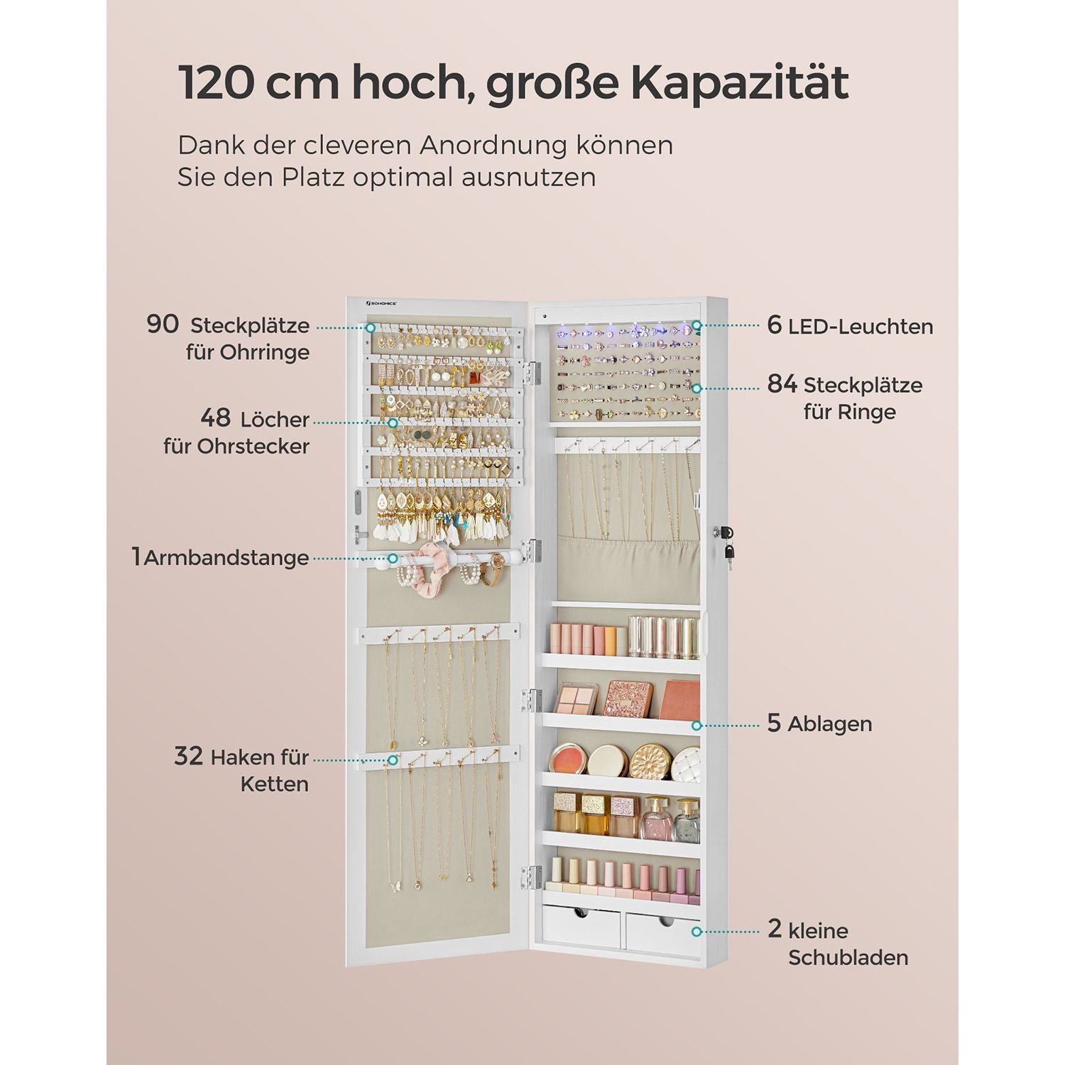 SONGMICS - Schmuckschrank mit spiegel, Schmuckschrank hängend, Schmuckschrank, Wandspiegel groß, abschließbar, Weiß Grau, 6